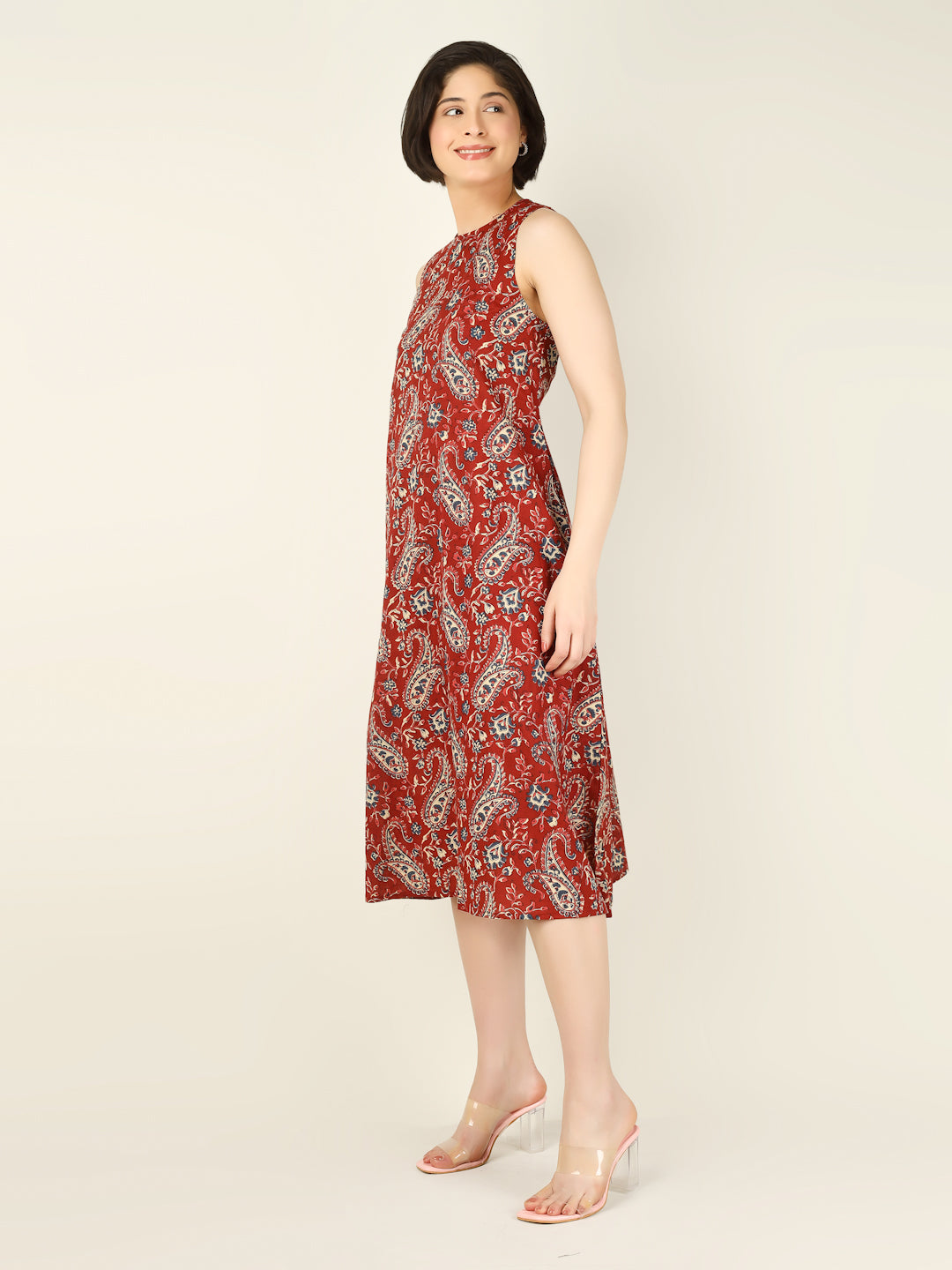 Maroon Printed Sleeveless A-Line Cotton Dress