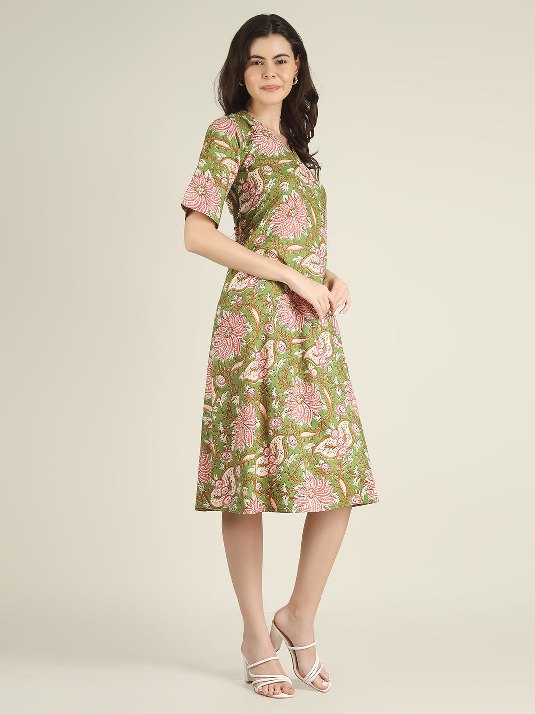Green Printed Half-Sleeve A-Line Cotton Dress