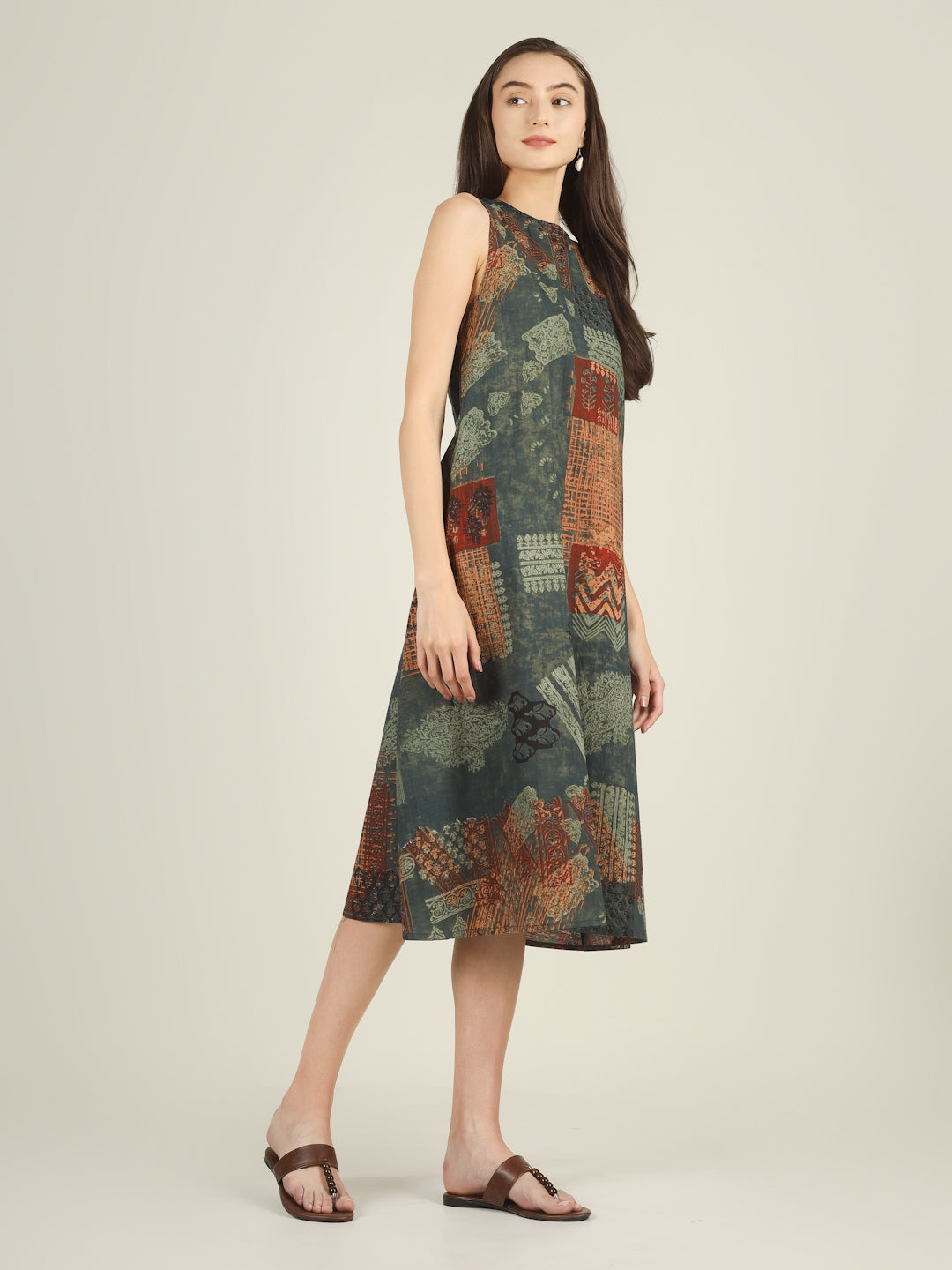 Green Printed Sleeveless A-Line Cotton Dress