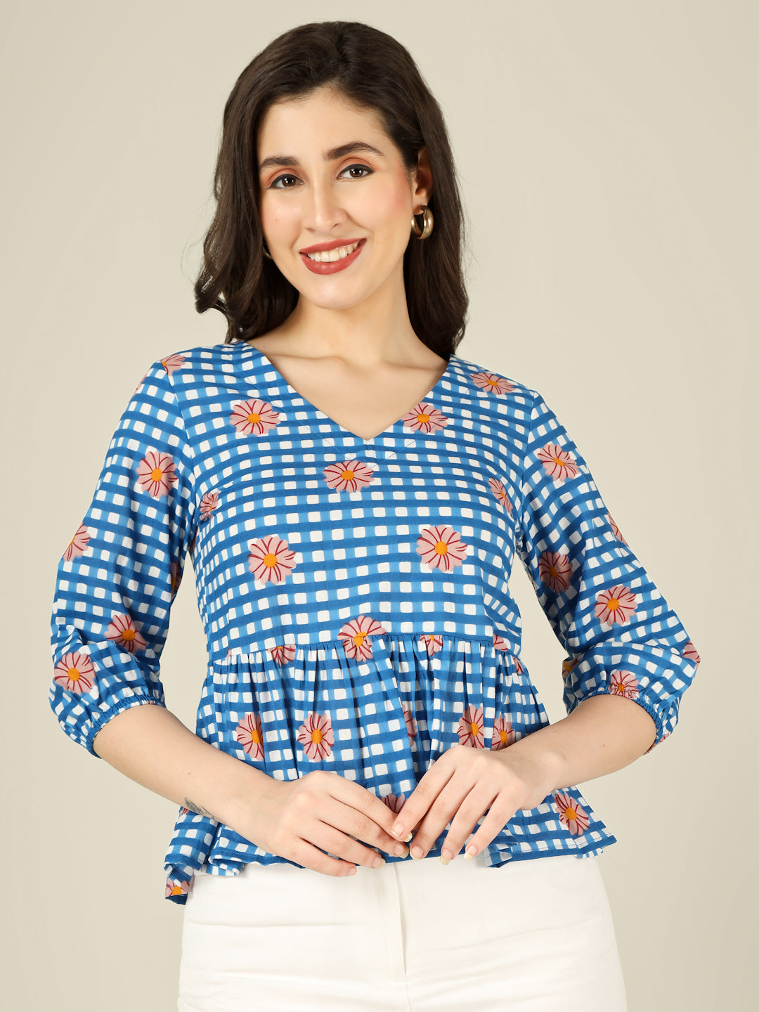 Blue Checked Cotton Peplum Top