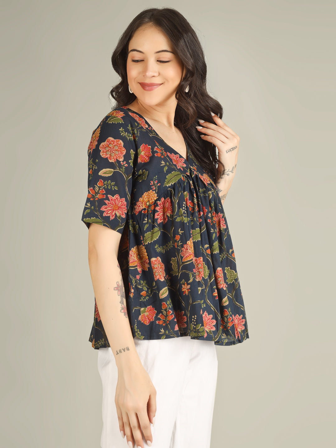 Navy Blue Printed Half-Sleeve Alia-Cut Cotton Top