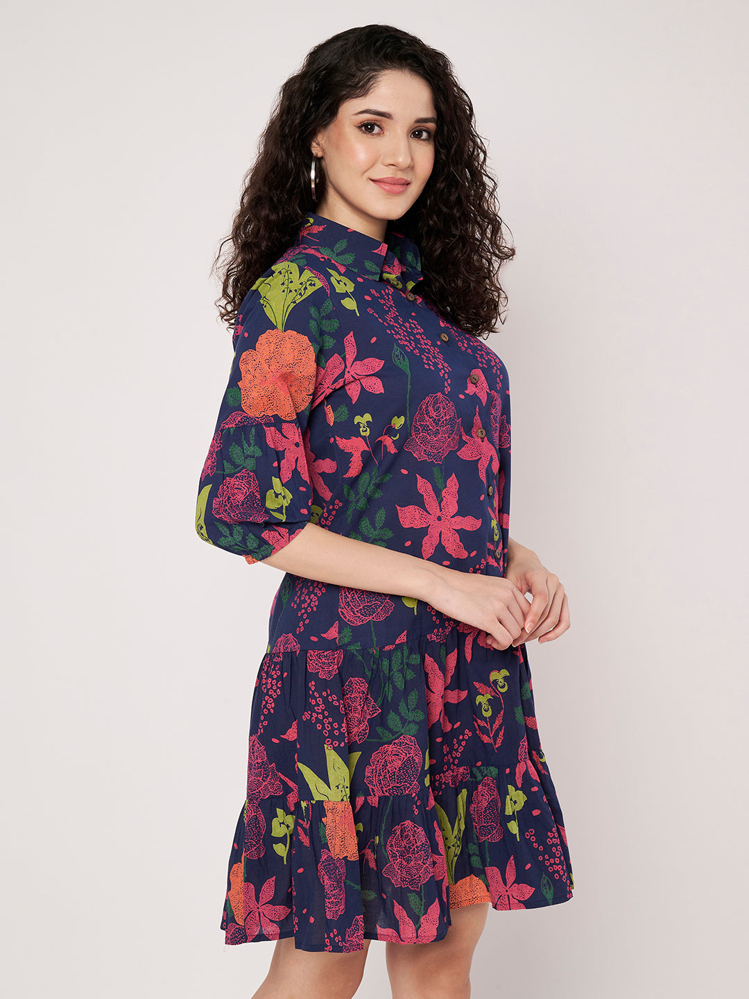 Blue Printed Short Cotton Dress