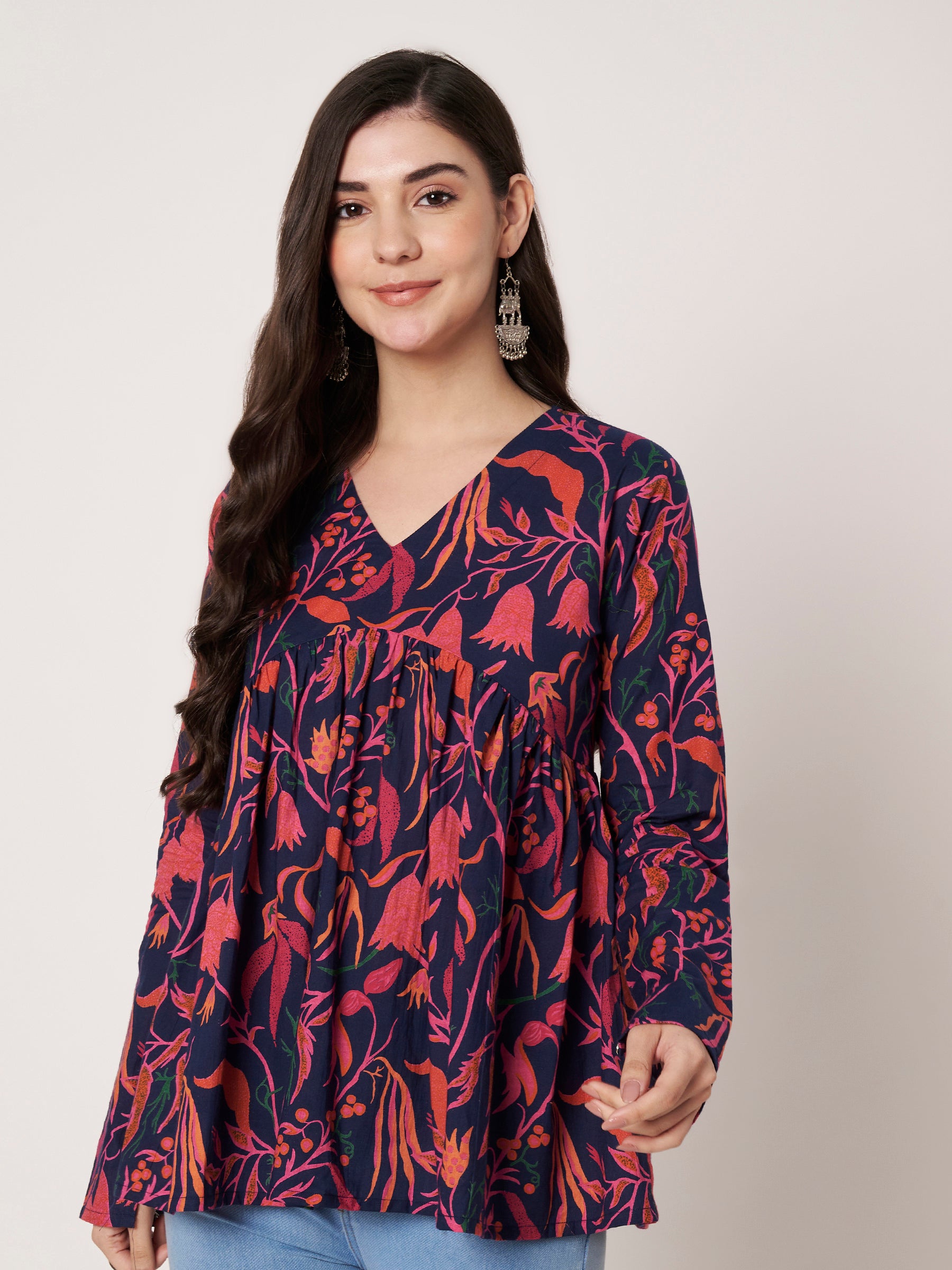 Dark Blue Printed Alia-Cut Cotton Top