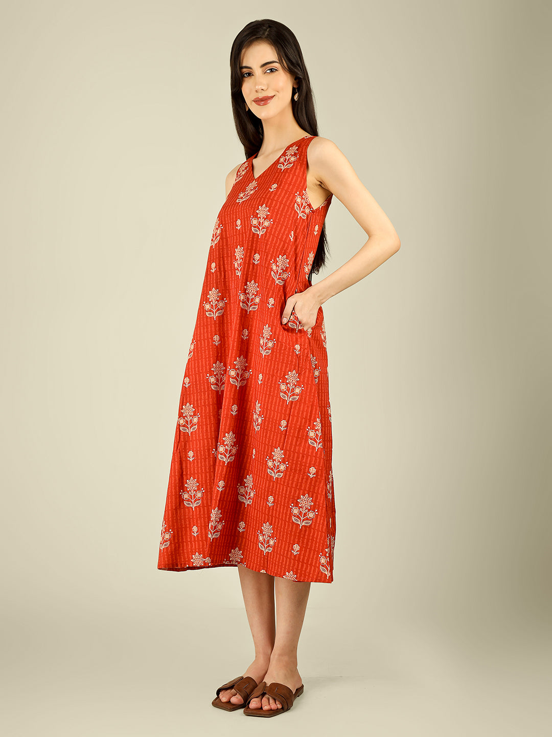 Orange Printed V-Neck Sleeveless A-Line Cotton Dress