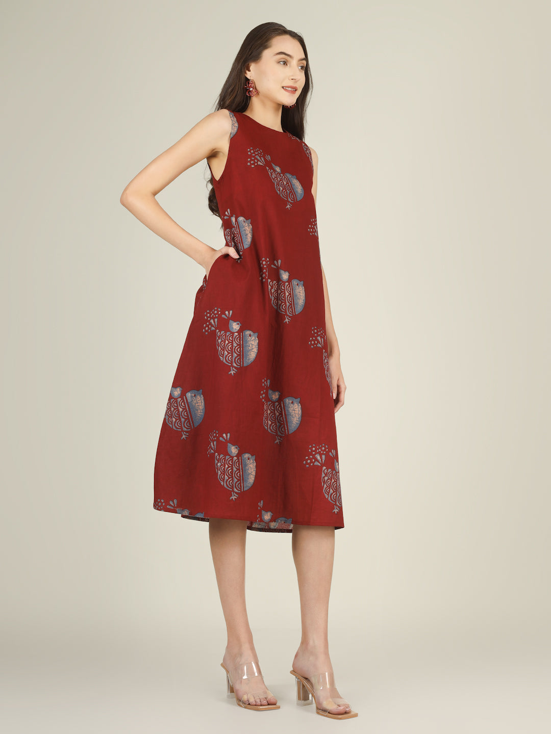 Red Printed Sleeveless A-Line Cotton Dress