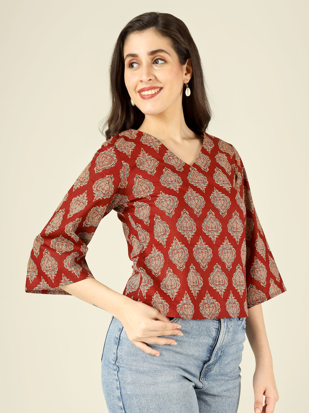 Maroon Printed Straight Bell-Sleeves Top