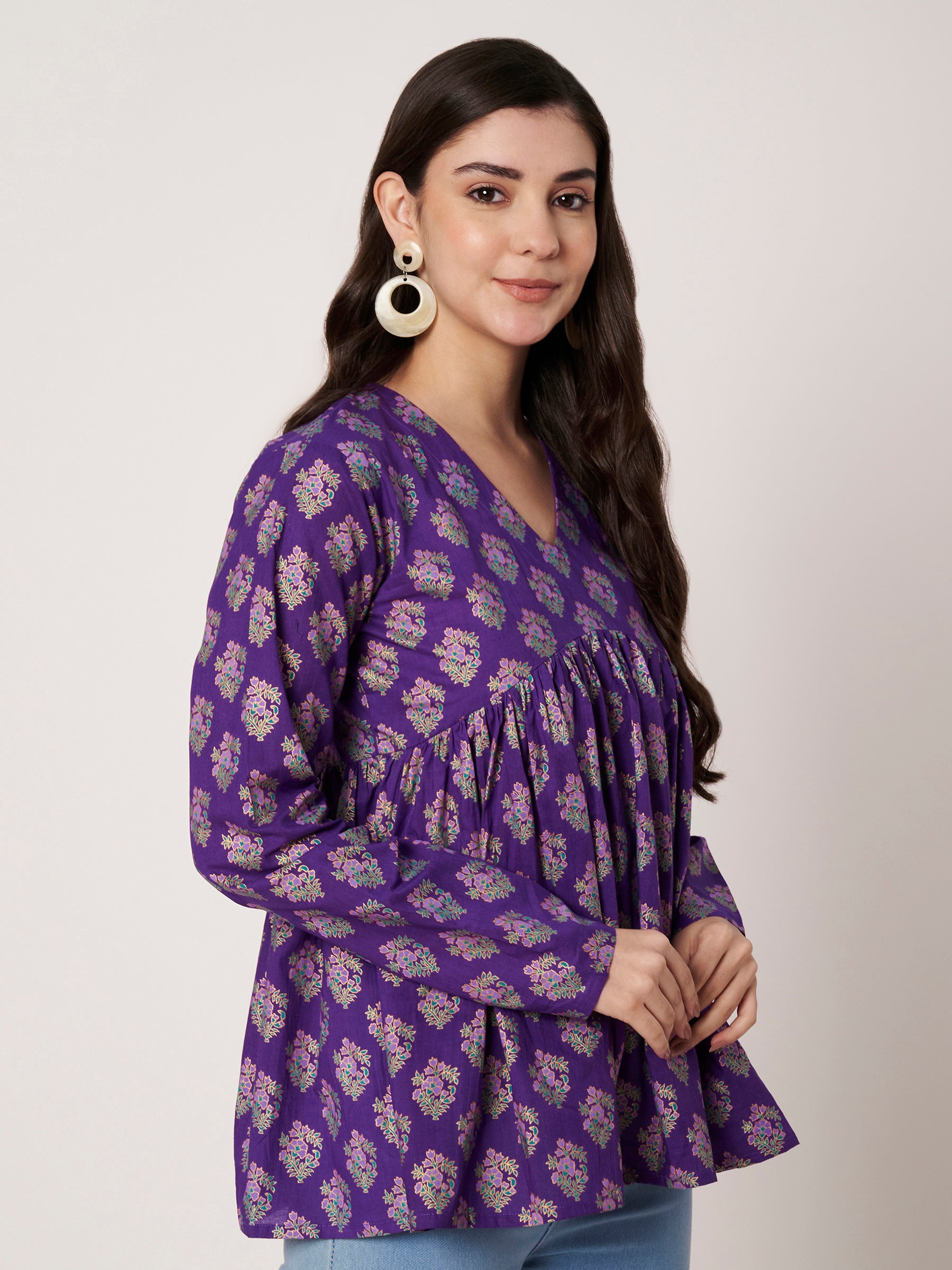 Purple Printed Alia-Cut Cotton Top