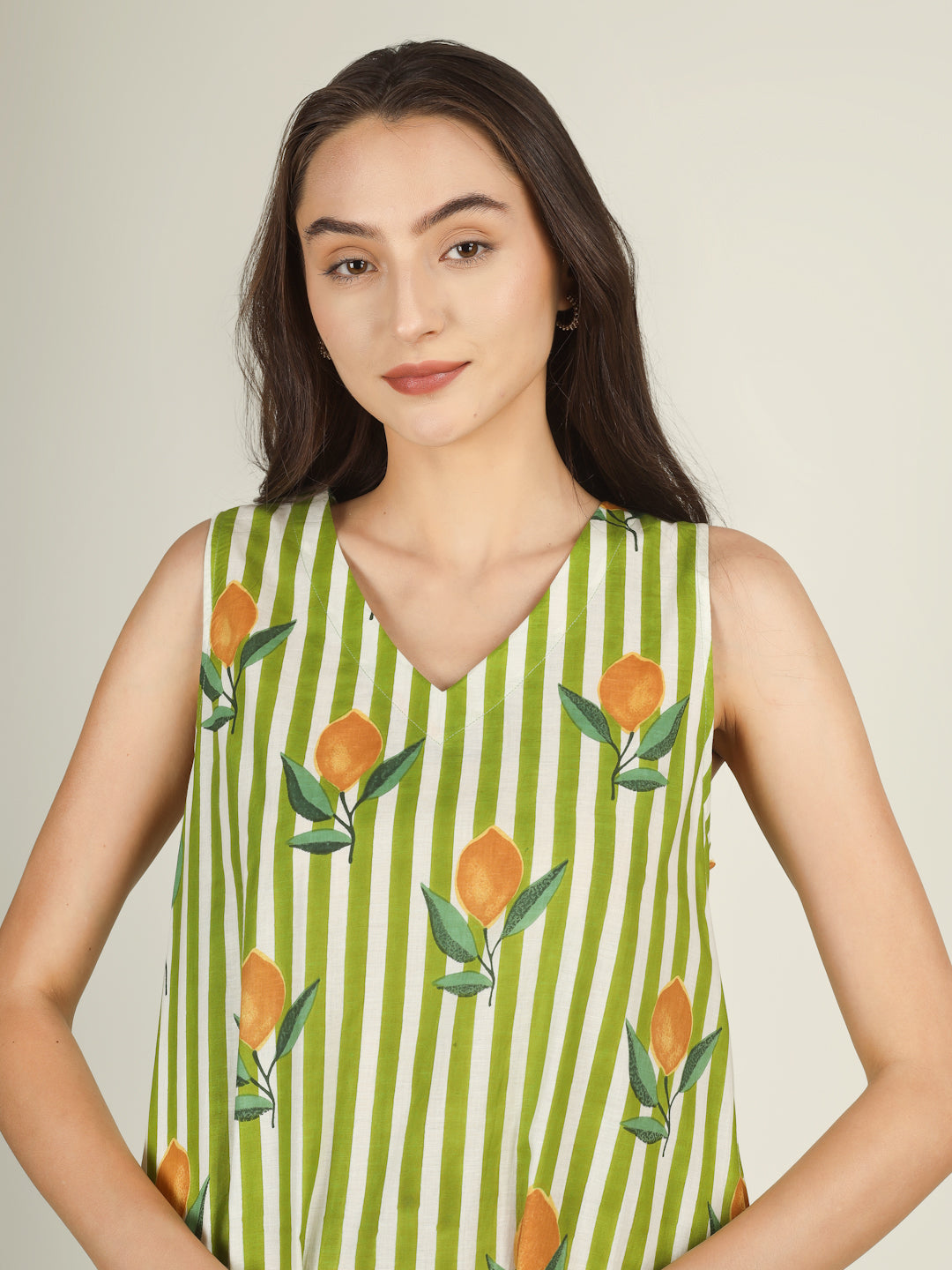 Green Striped V-Neck Sleeveless A-Line Cotton Dress