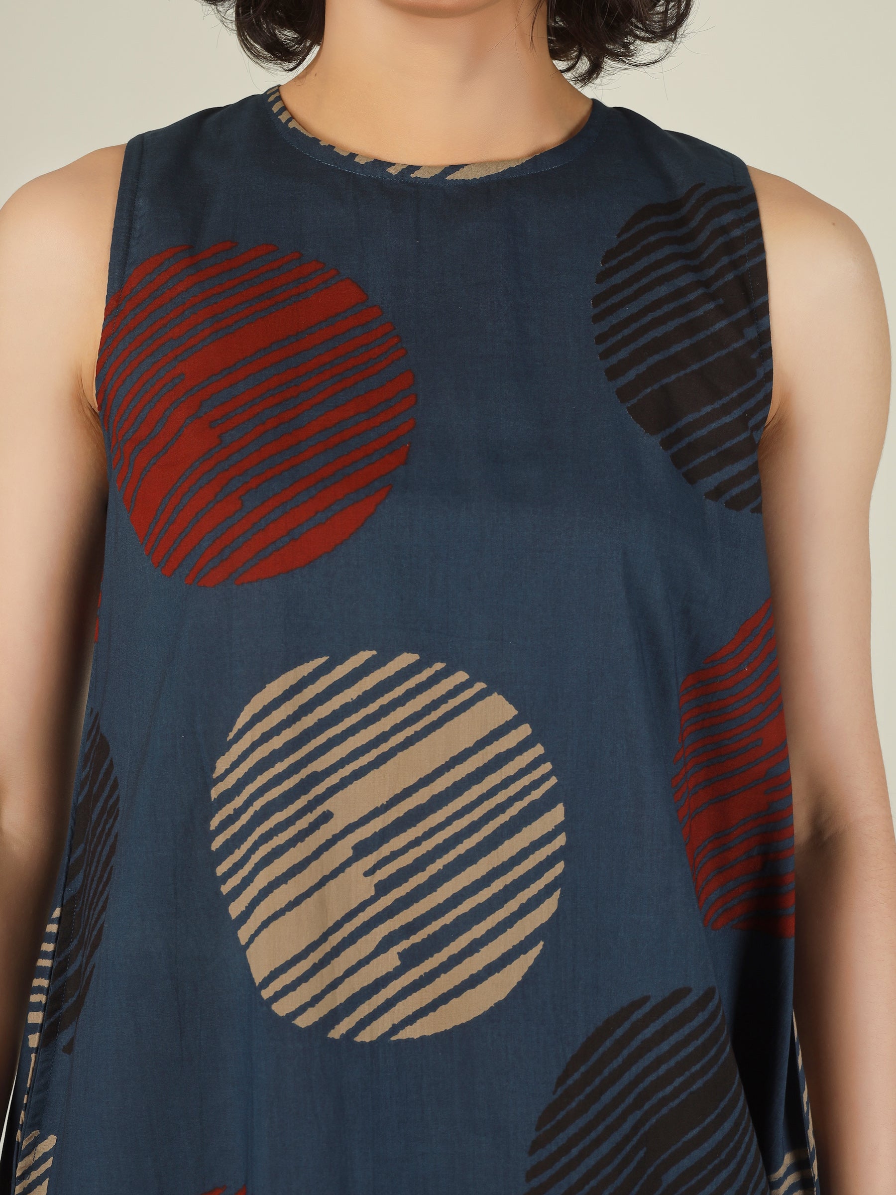 Blue Printed Sleeveless A-Line Cotton Dress