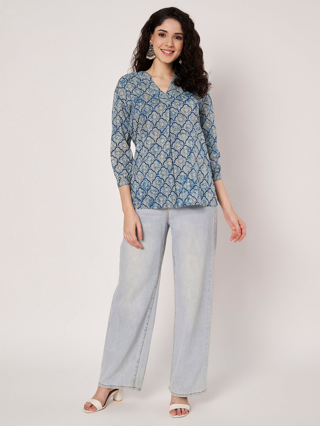 Light Blue Printed V-Neck Cotton Top