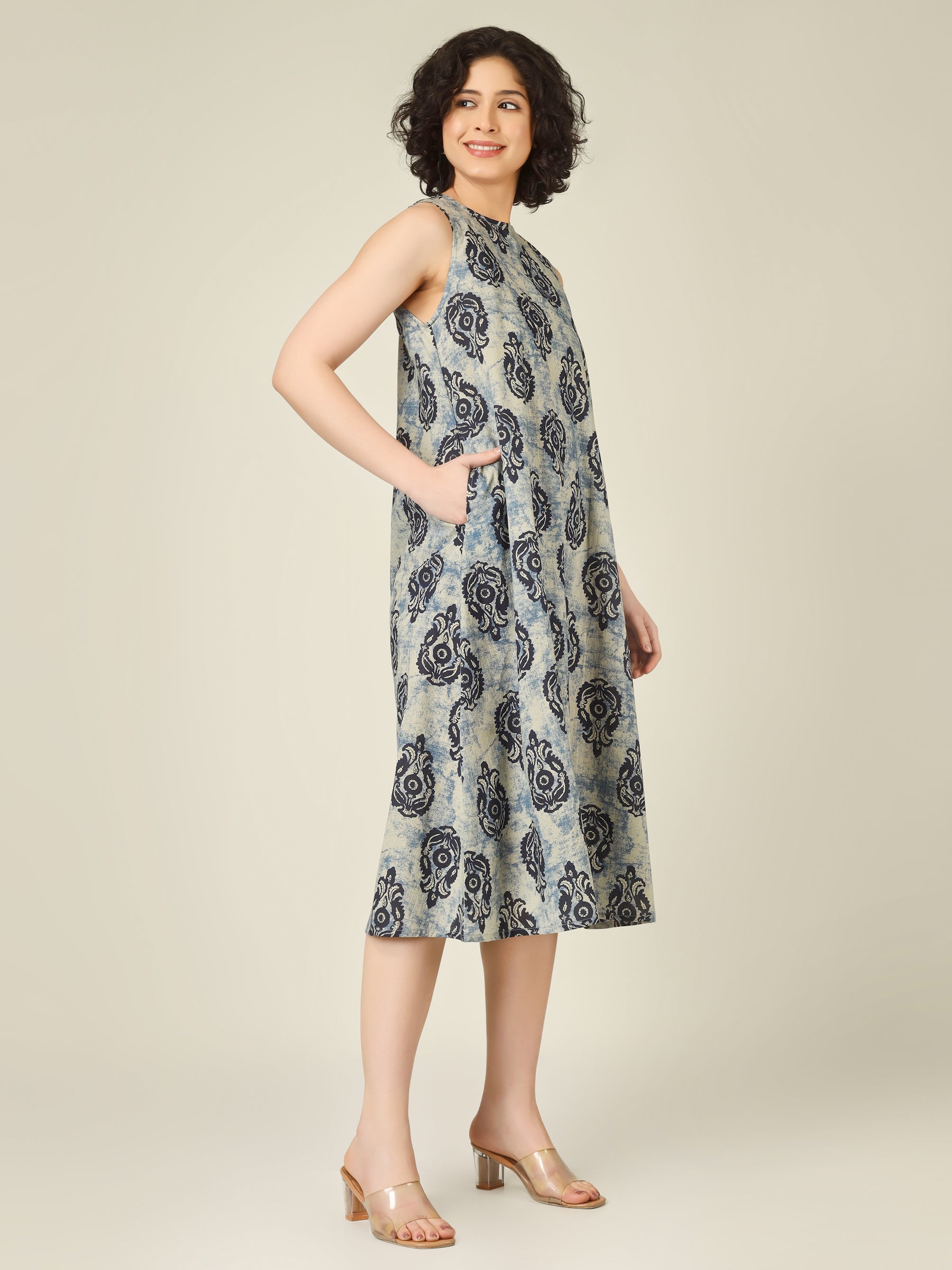 Off-Blue Printed Sleeveless A-Line Cotton Dress