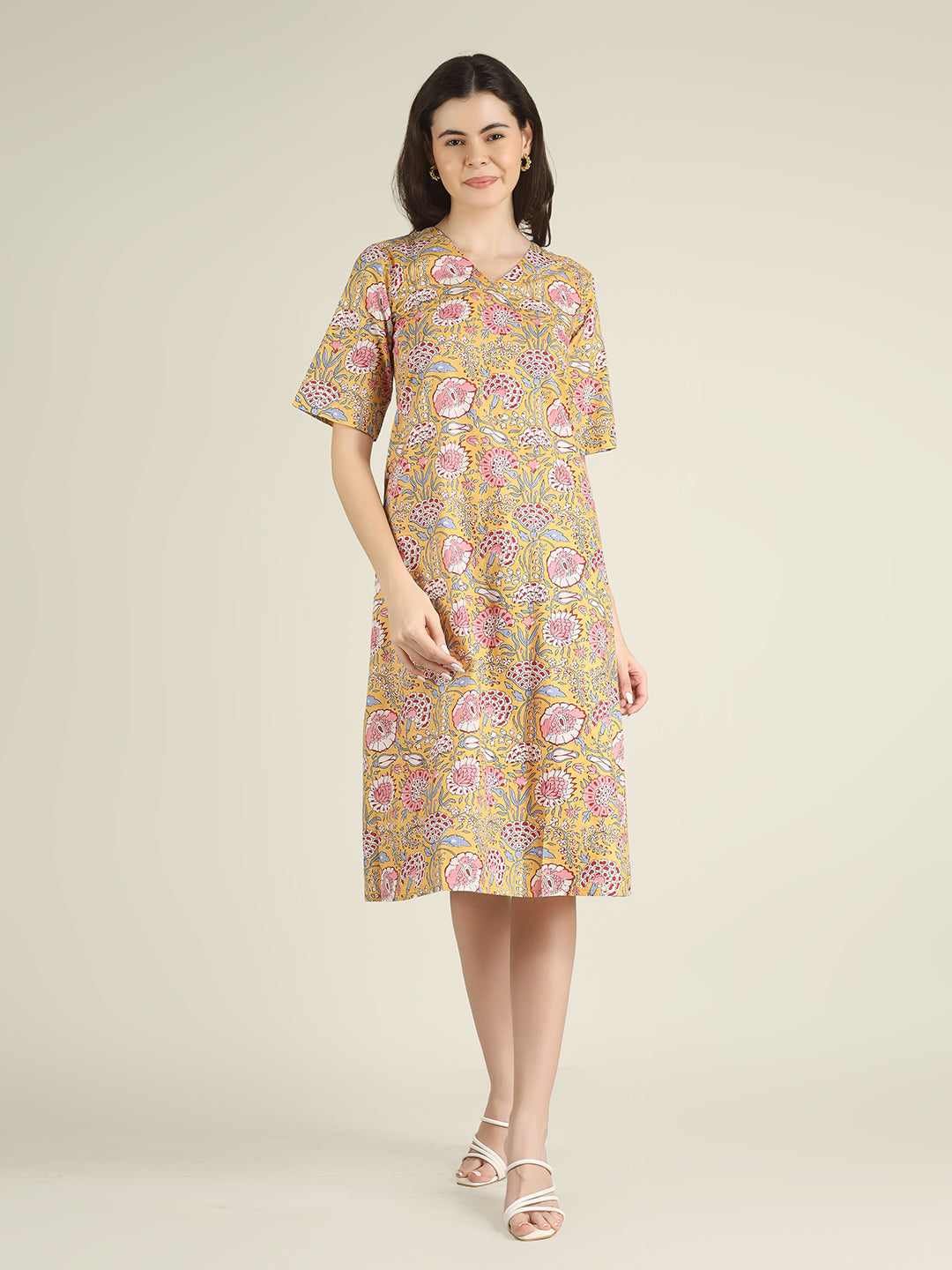 Yellow Printed Half-Sleeve A-Line Cotton Dress