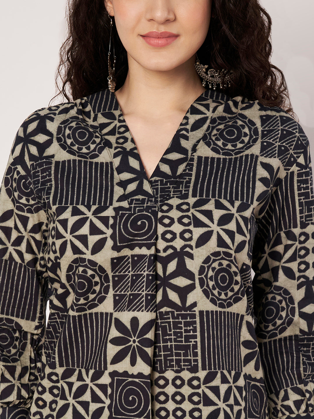 Navy Blue Printed V-Neck Cotton Top