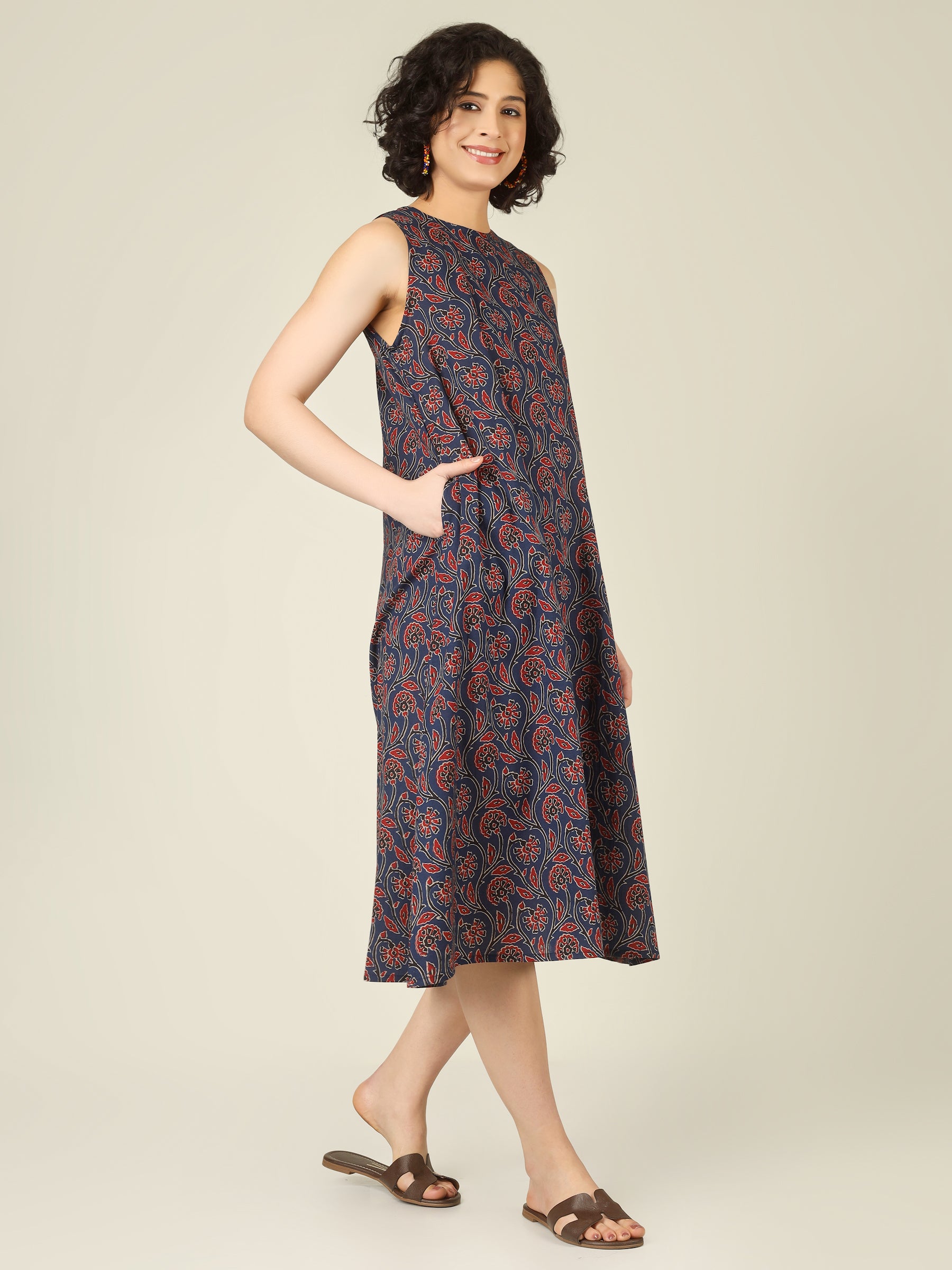 Navy Blue Printed Sleeveless A-Line Cotton Dress