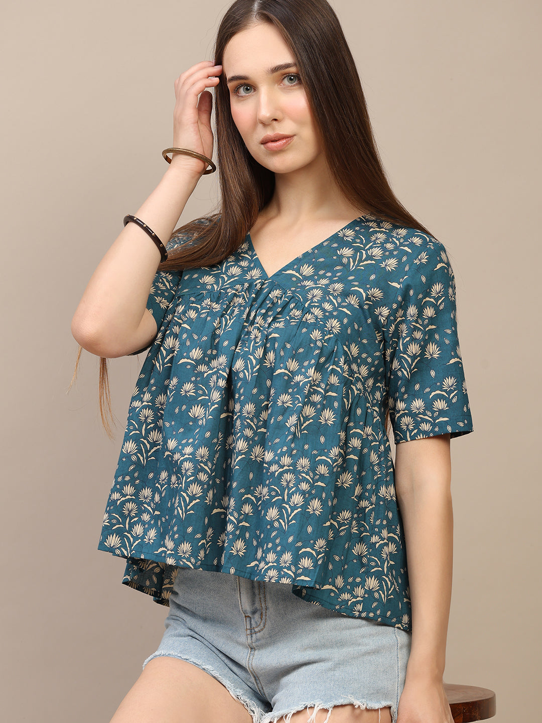 Teal Blue Printed Half-Sleeve Alia-Cut Cotton Top