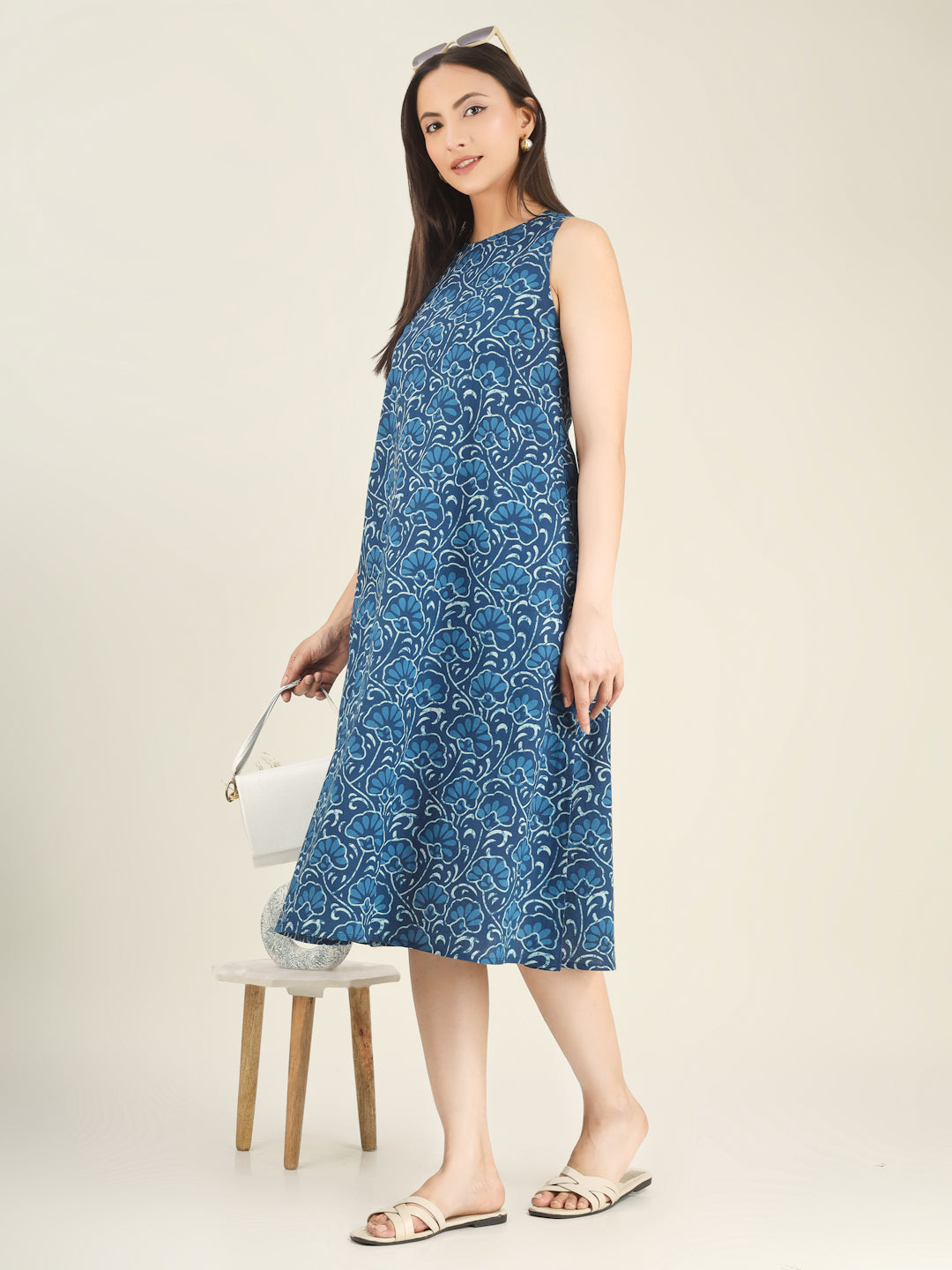 Blue Printed Sleeveless A-Line Cotton Dress