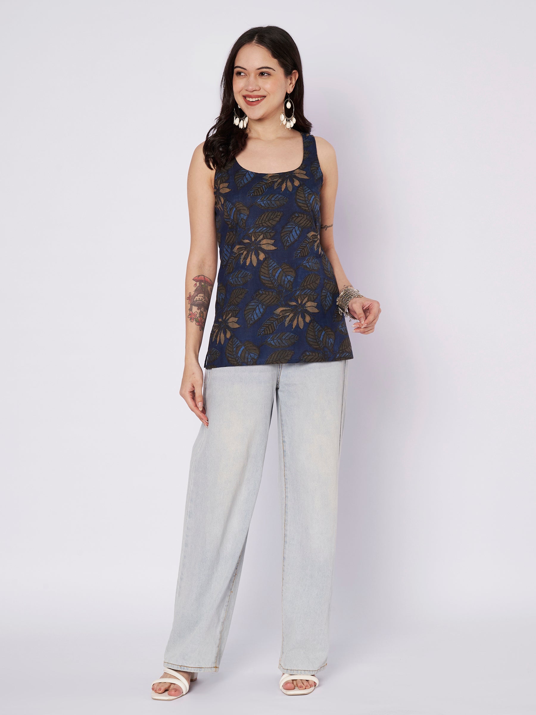Dark Blue Printed Sleeveless Cotton Top