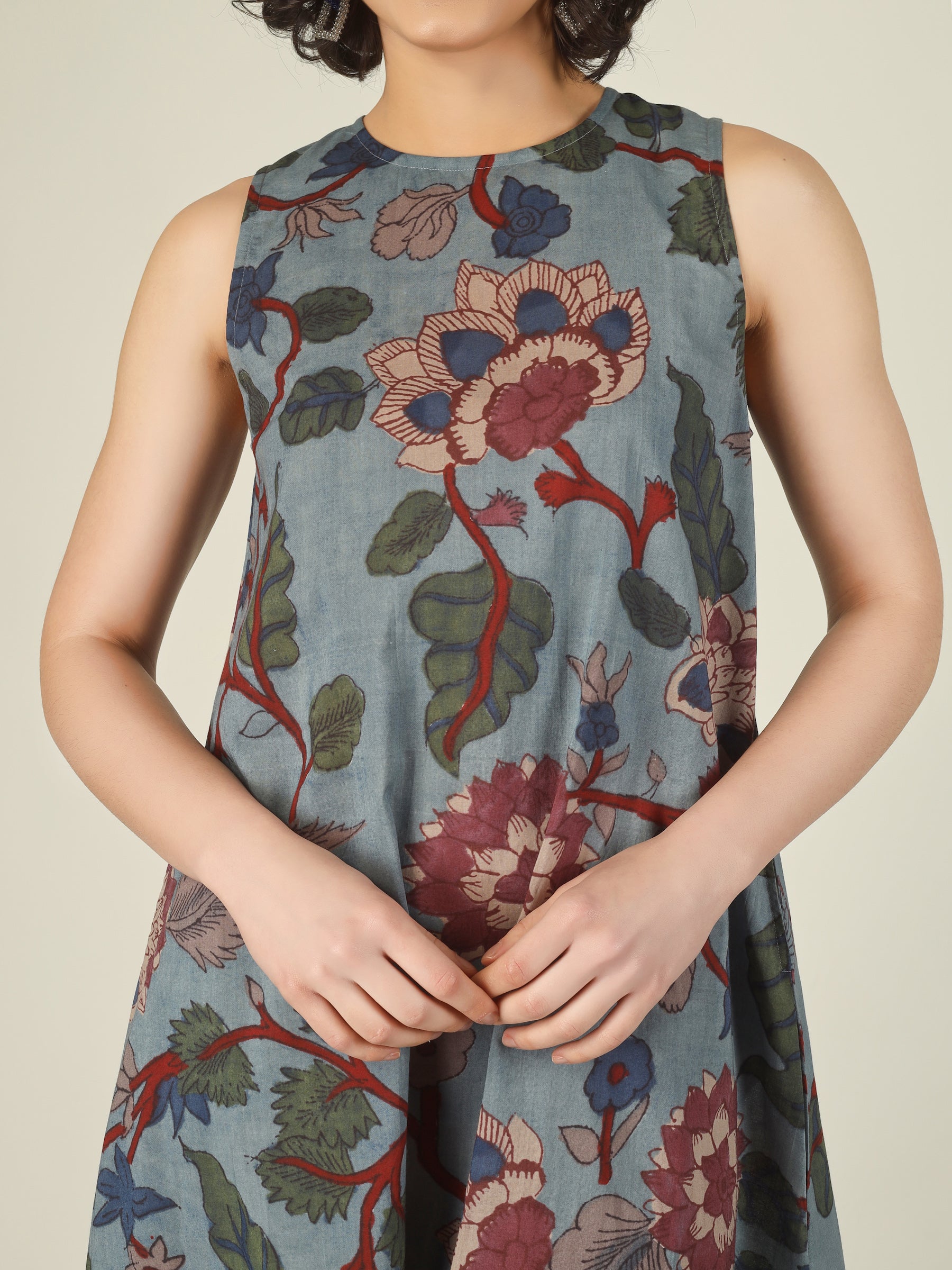 Slate Blue Printed Sleeveless A-Line Cotton Dress
