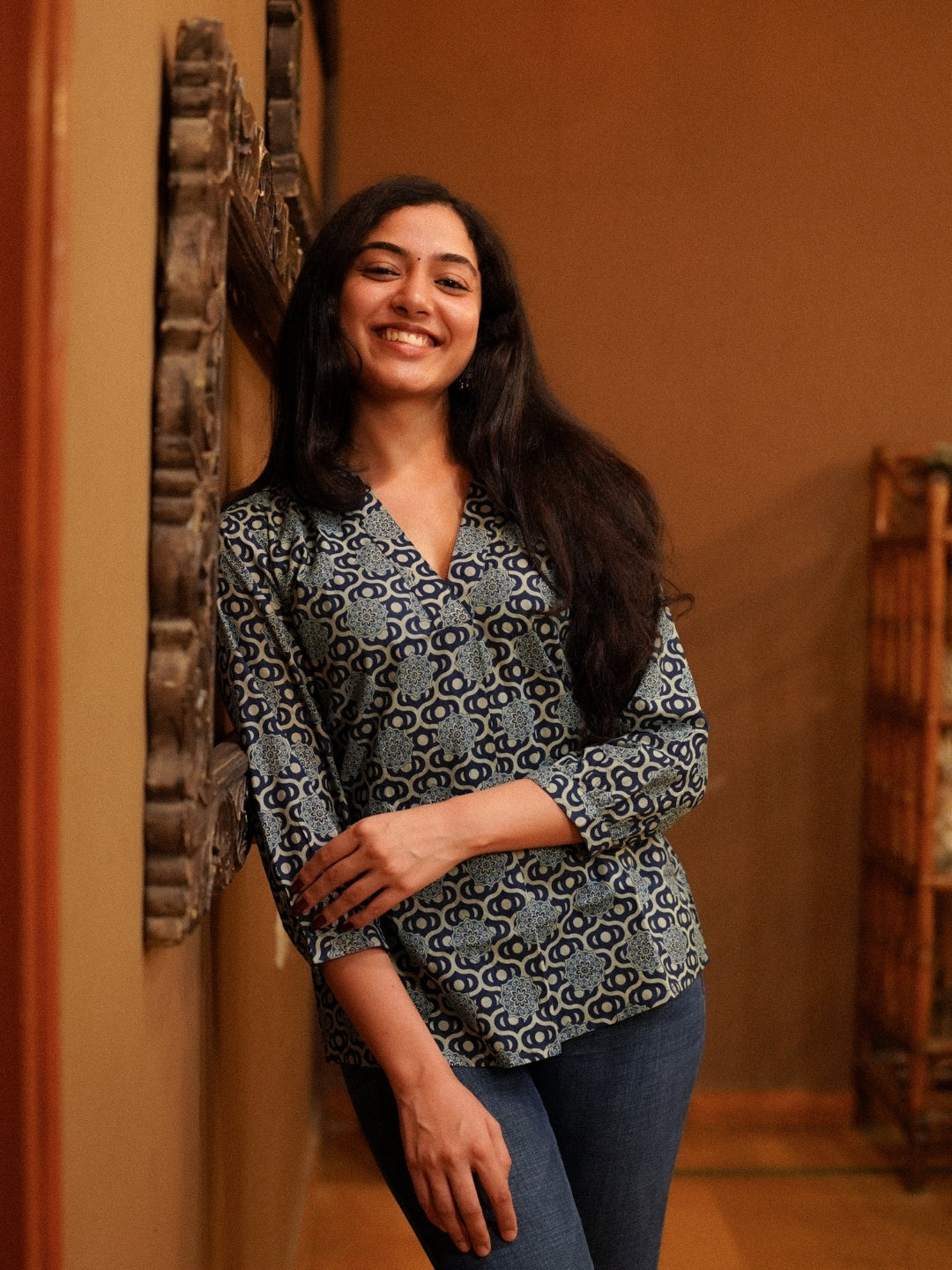 Blue Printed V-Neck Cotton Top