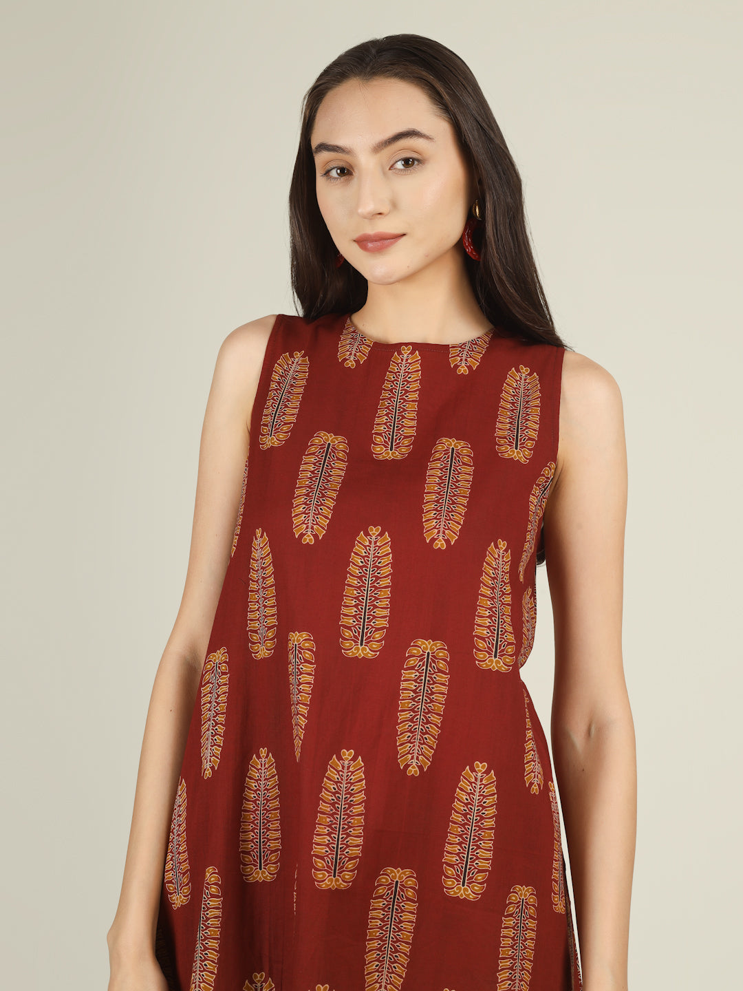 Maroon Printed Sleeveless A-Line Cotton Dress