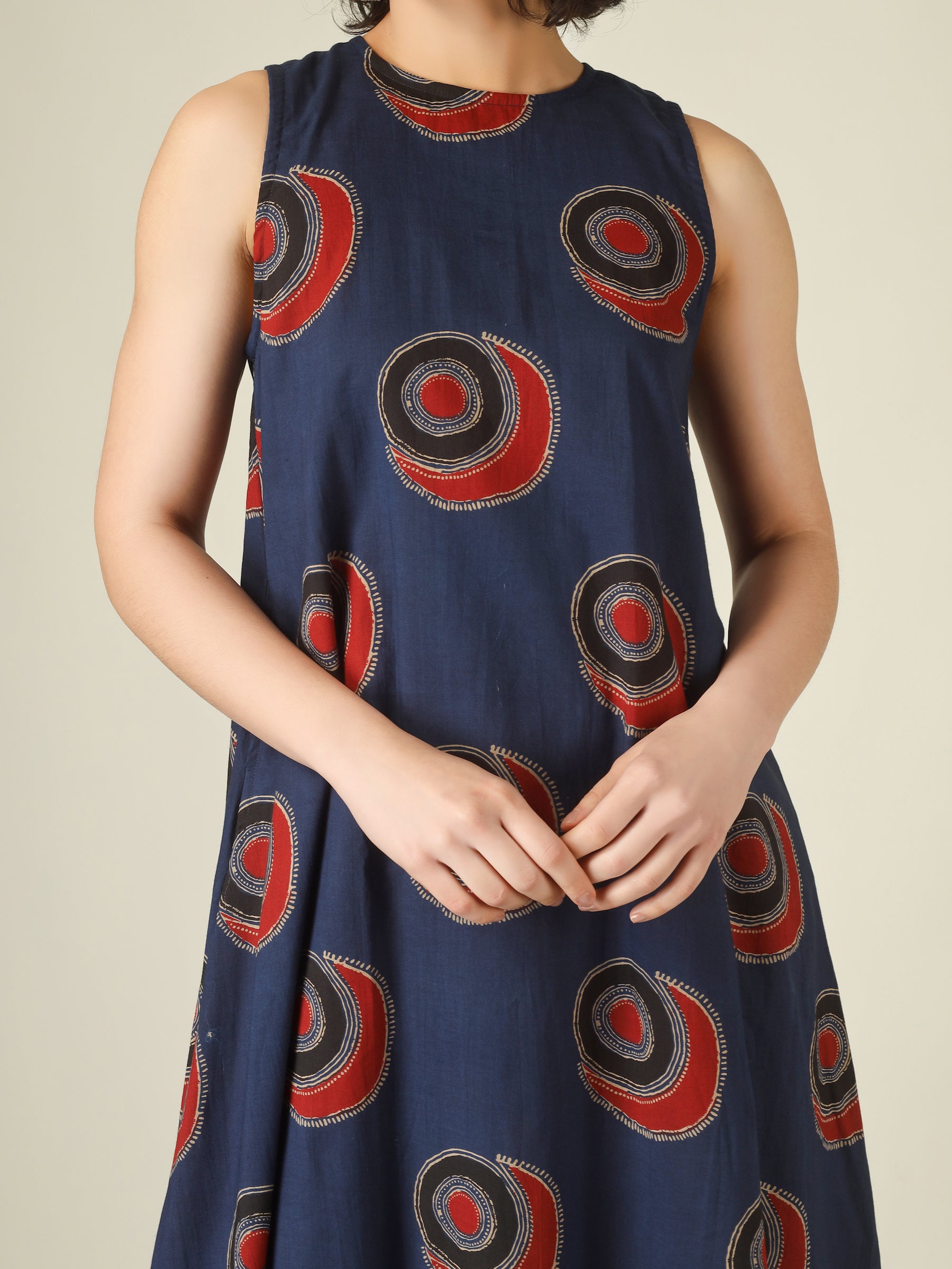 Blue Printed Sleeveless A-Line Cotton Dress