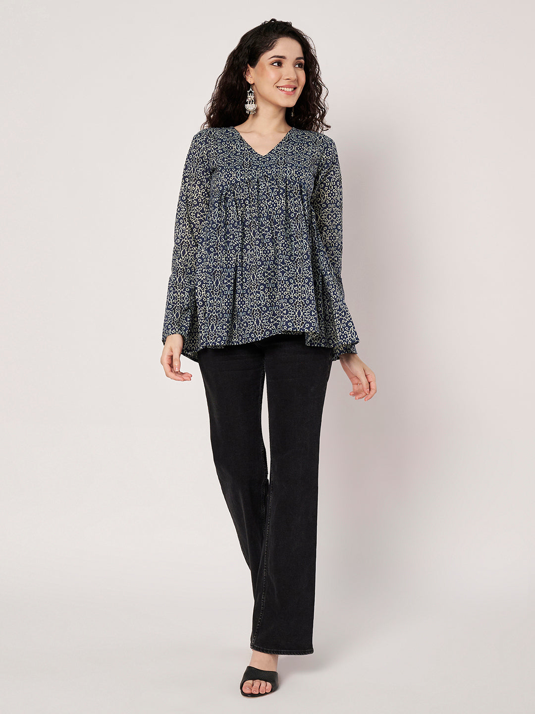 Dark Blue Printed Alia-Cut Cotton Top
