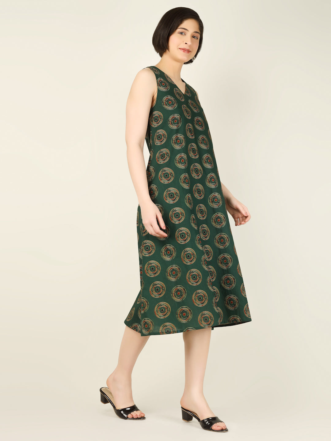 Dark Green Printed Sleeveless V-Neck A-Line Cotton Dress