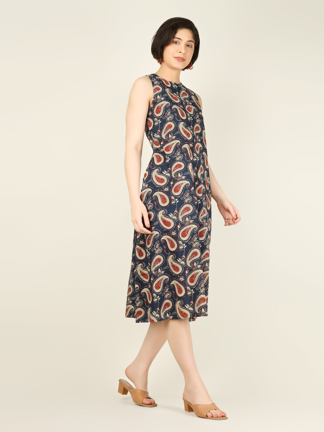 Navy Blue Printed Sleeveless A-Line Cotton Dress