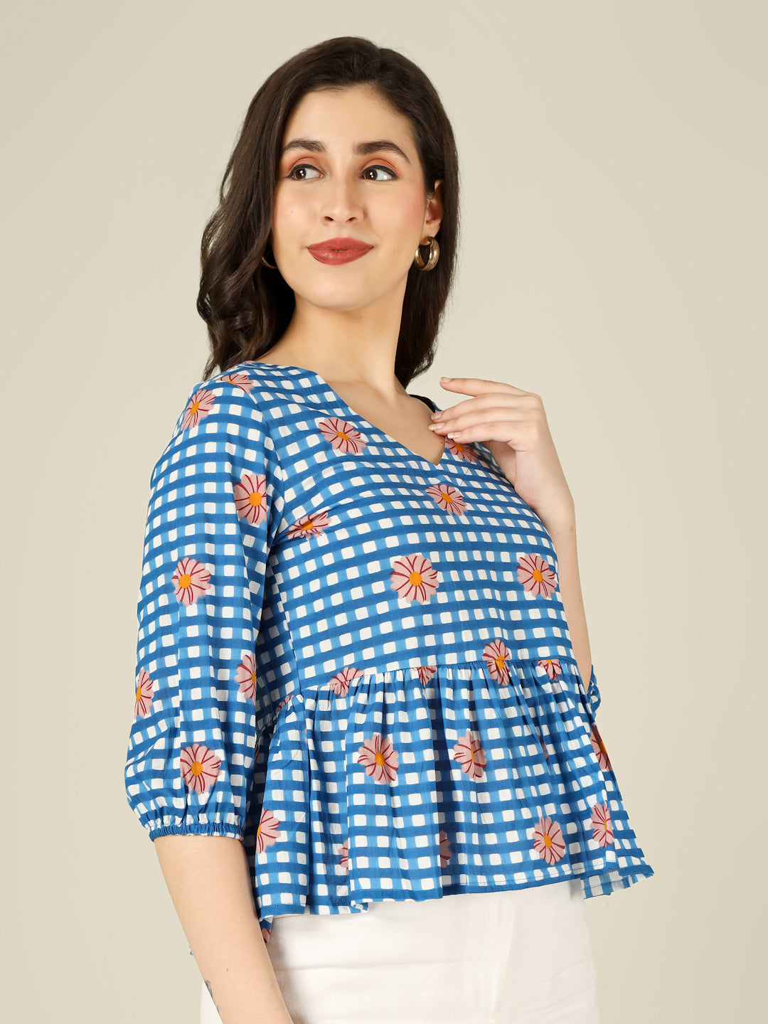 Blue Checked Cotton Peplum Top