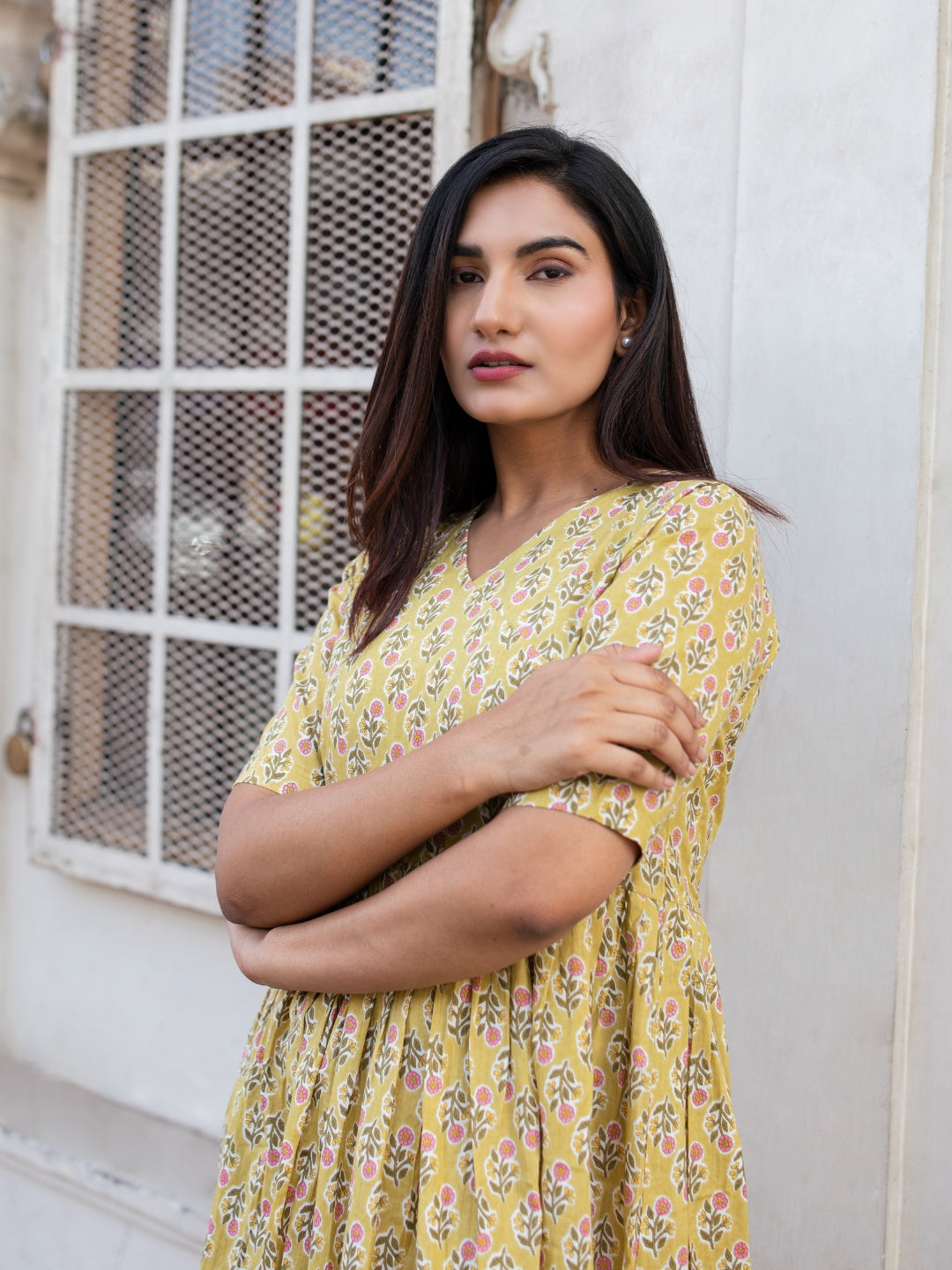 Yellow Printed Flared Cotton Dress