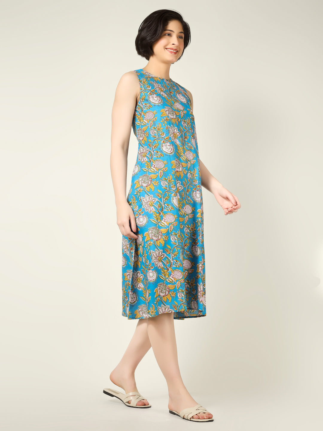Sky Blue Printed Sleeveless A-Line Cotton Dress