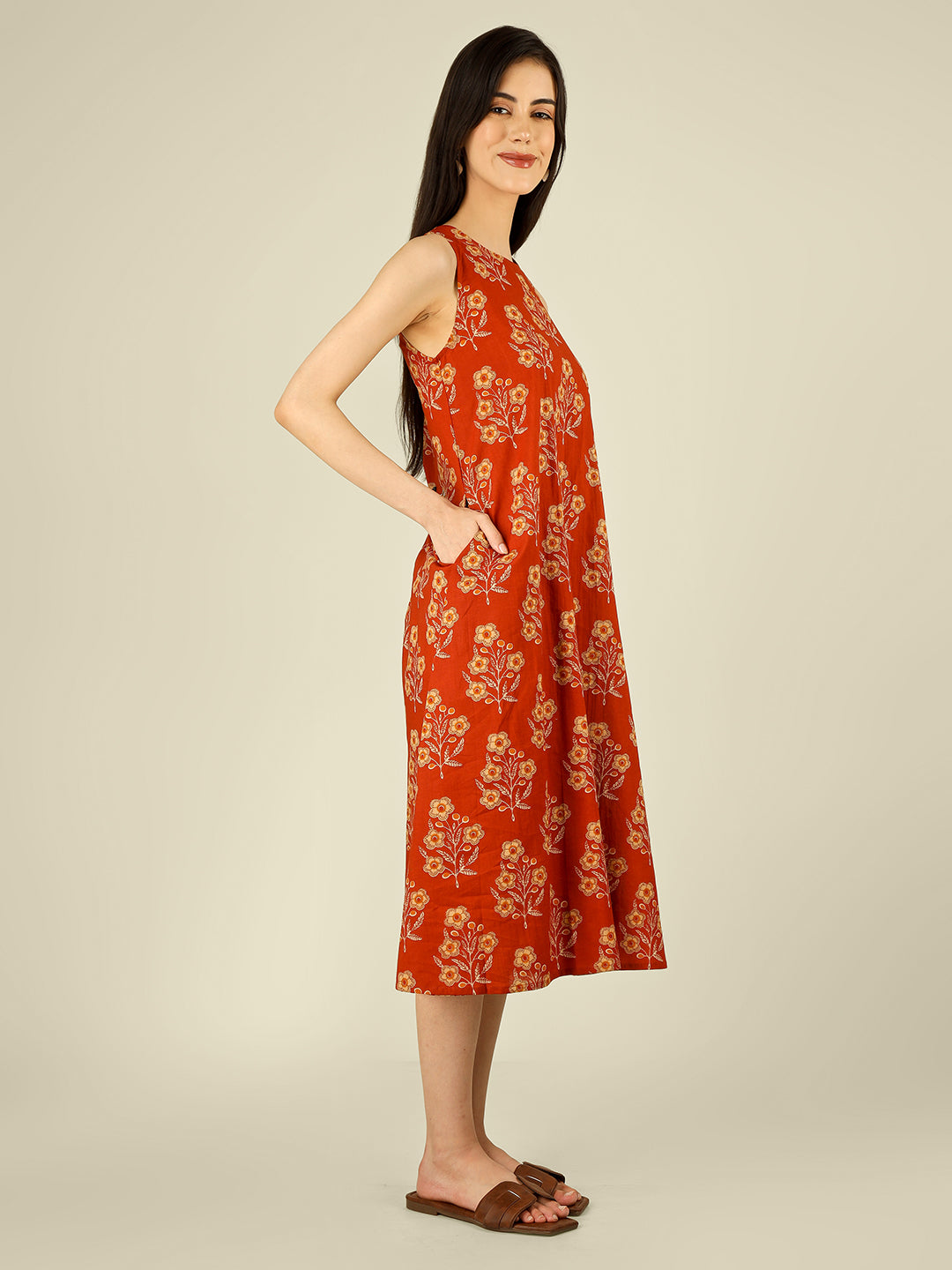 Orange Printed Sleeveless A-Line Cotton Dress