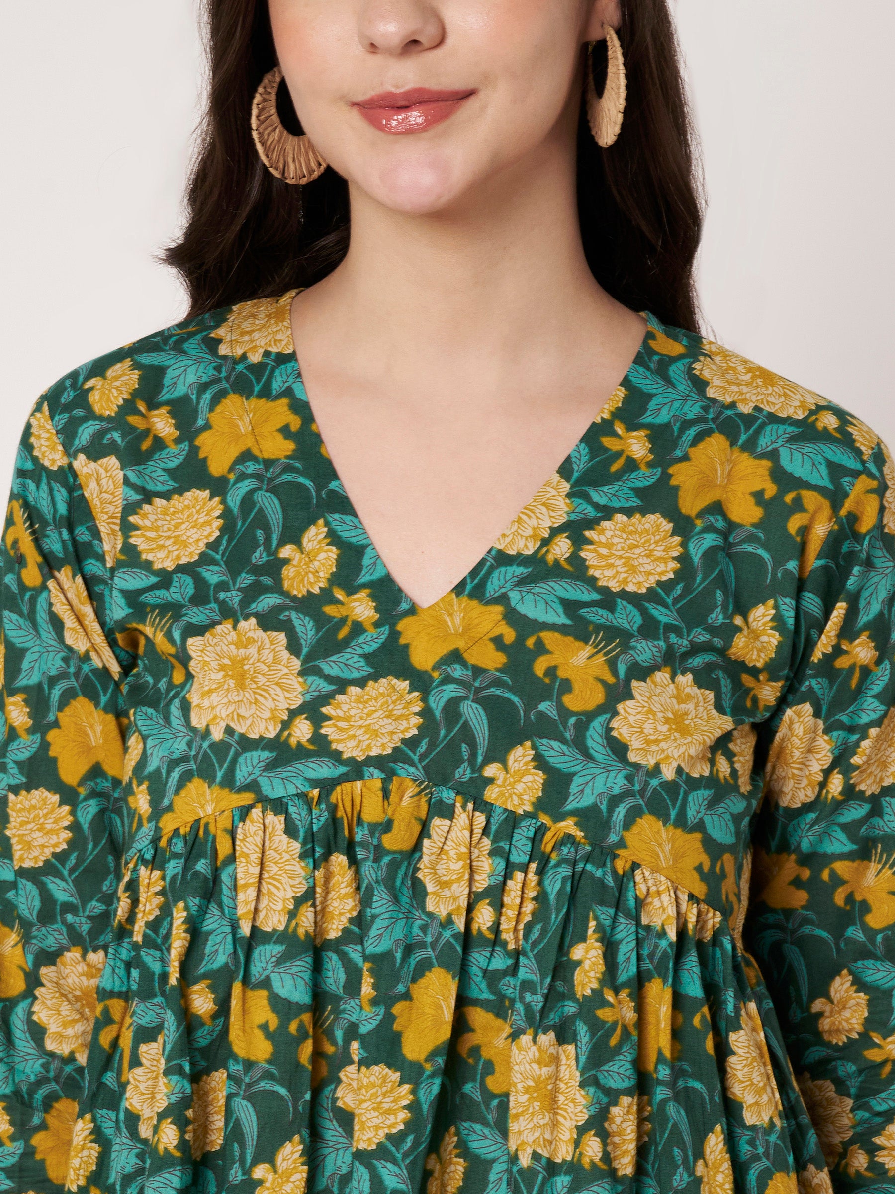 Green Printed Alia-Cut Cotton Top