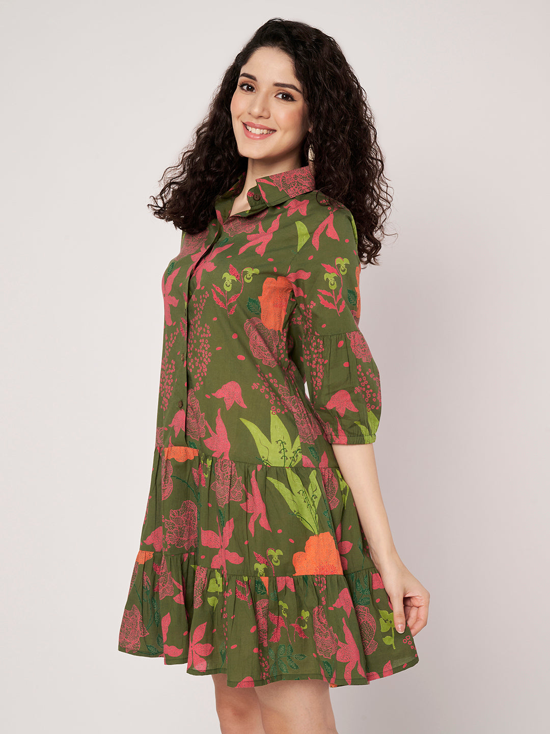 Green Printed Short Cotton Dress