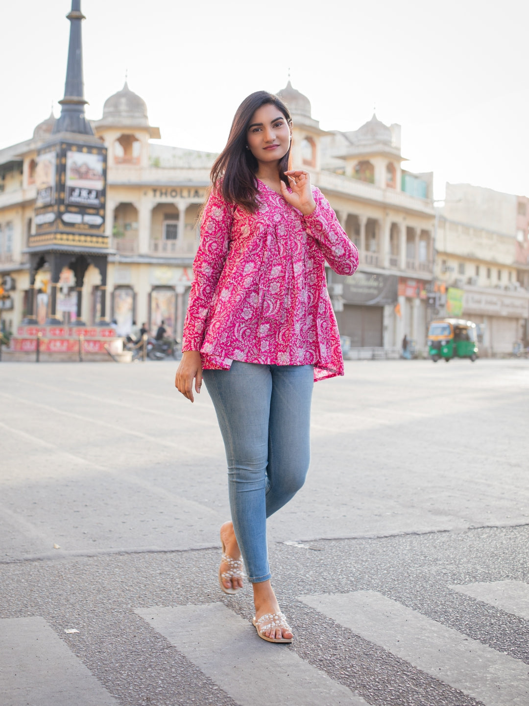Pink Printed Full Sleeves Alia Cut Cotton Top