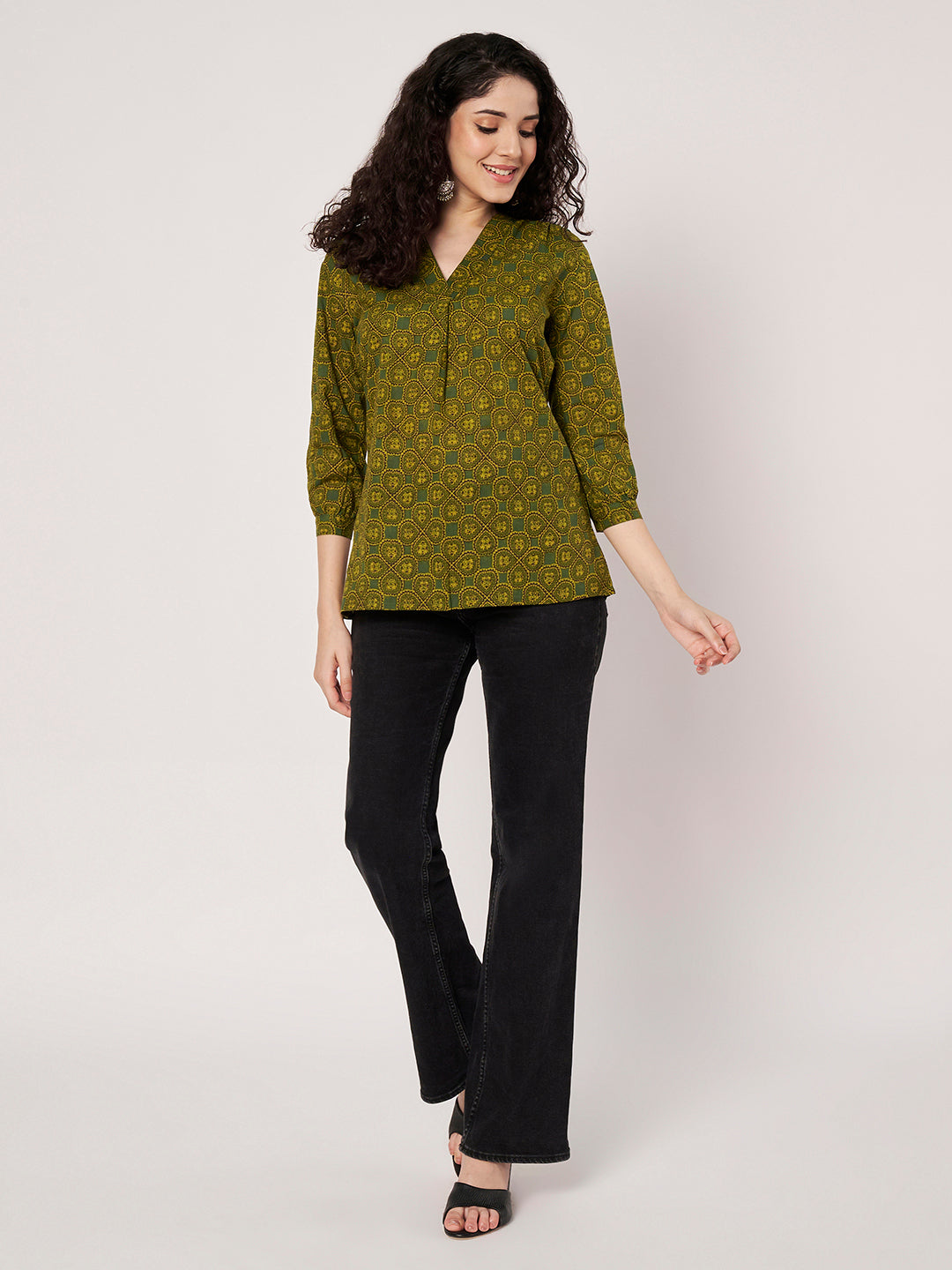 Green Printed V-Neck Cotton Top