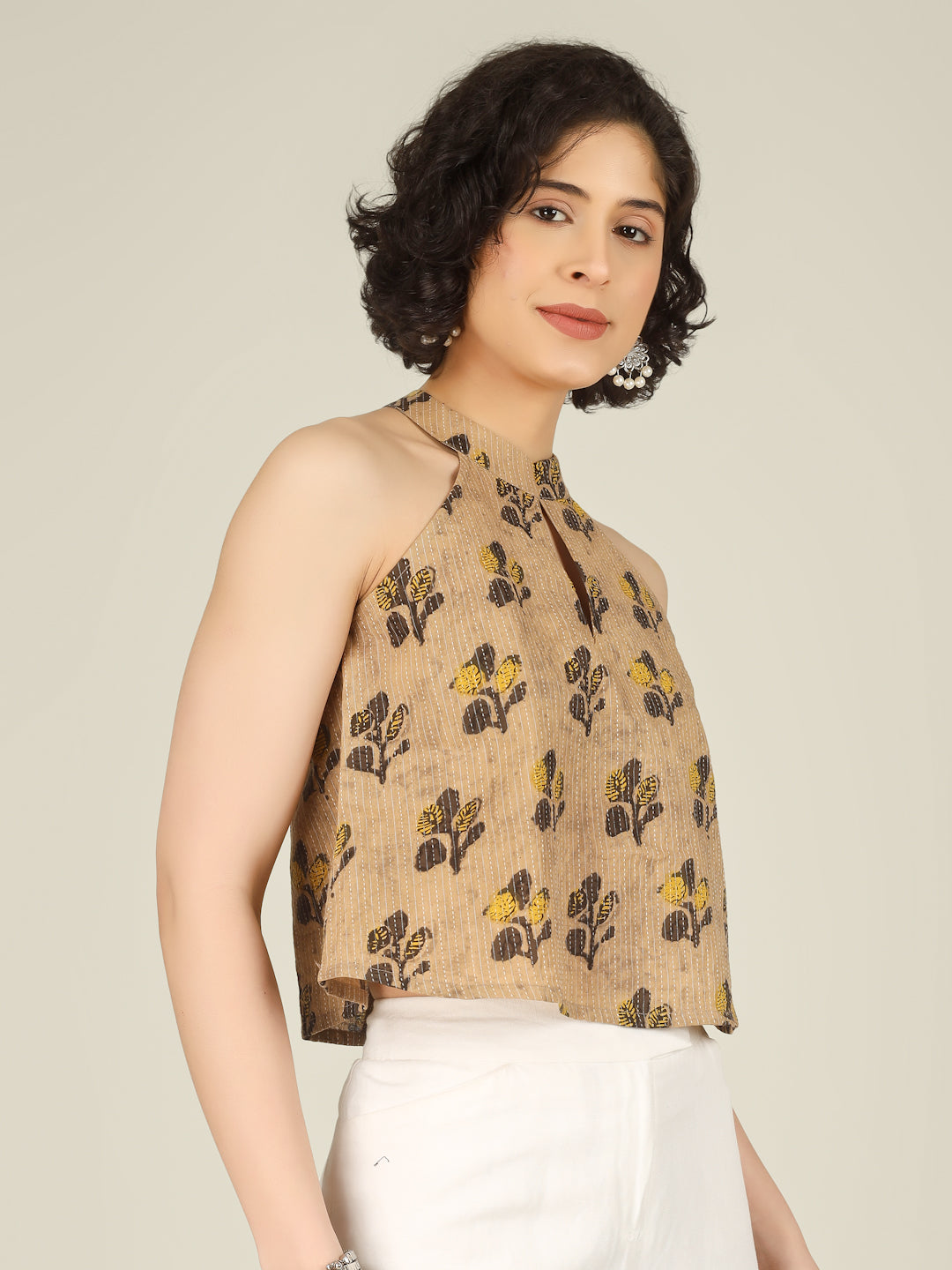 Beige Printed Halter Neck Sleeveless Cotton Top