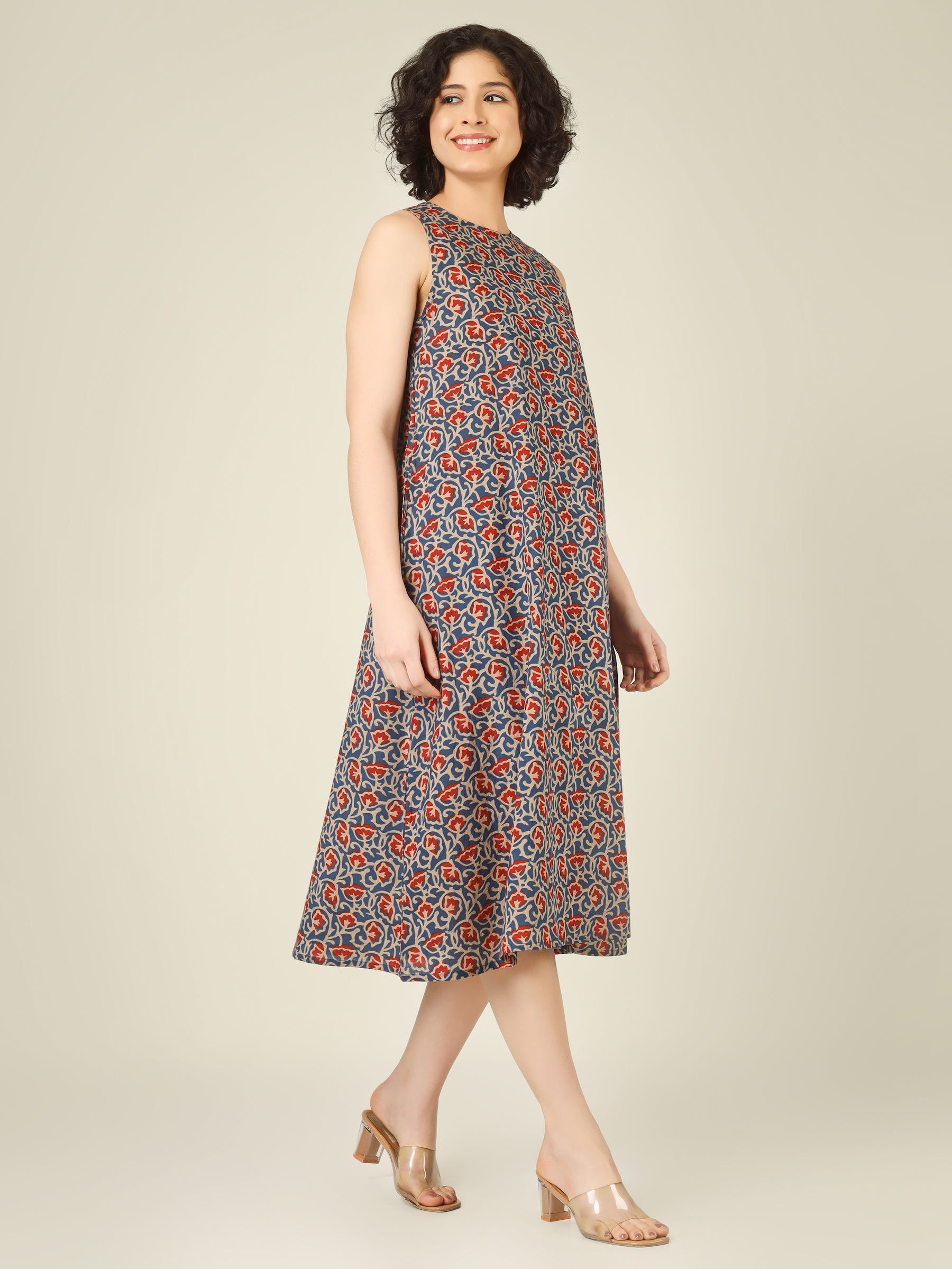 Blue Printed Sleeveless A-Line Cotton Dress