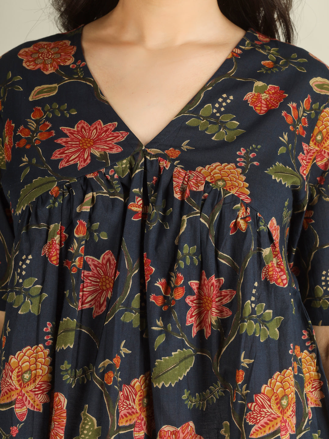 Navy Blue Printed Half-Sleeve Alia-Cut Cotton Top