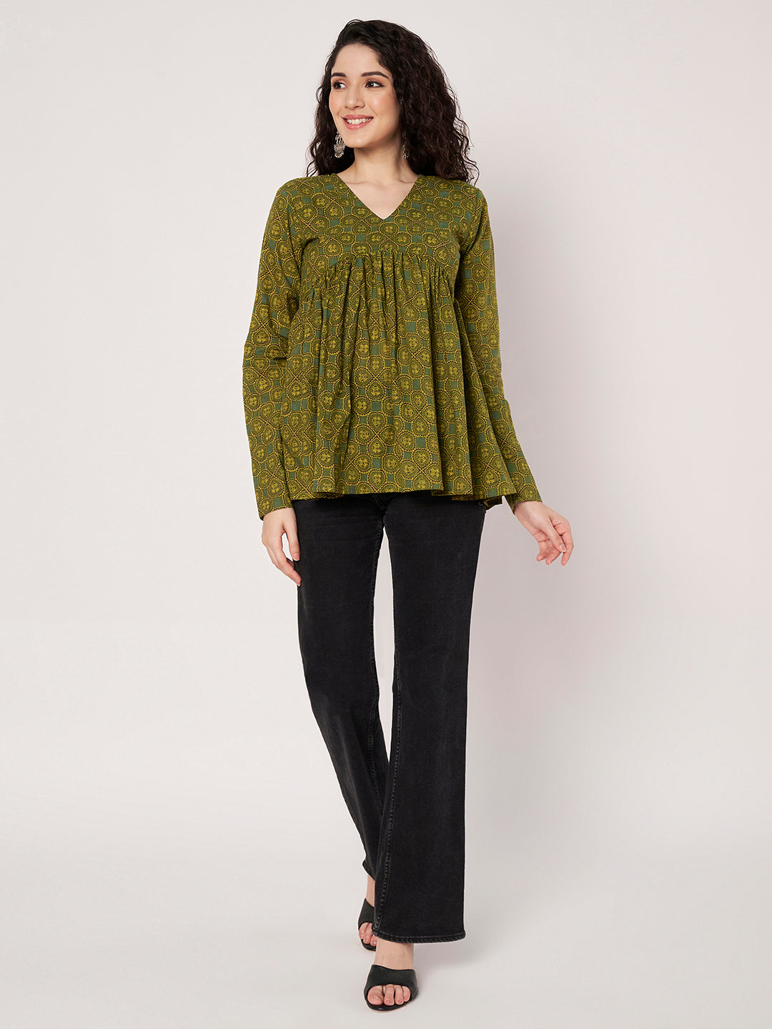 Green Printed Alia-Cut Cotton Top