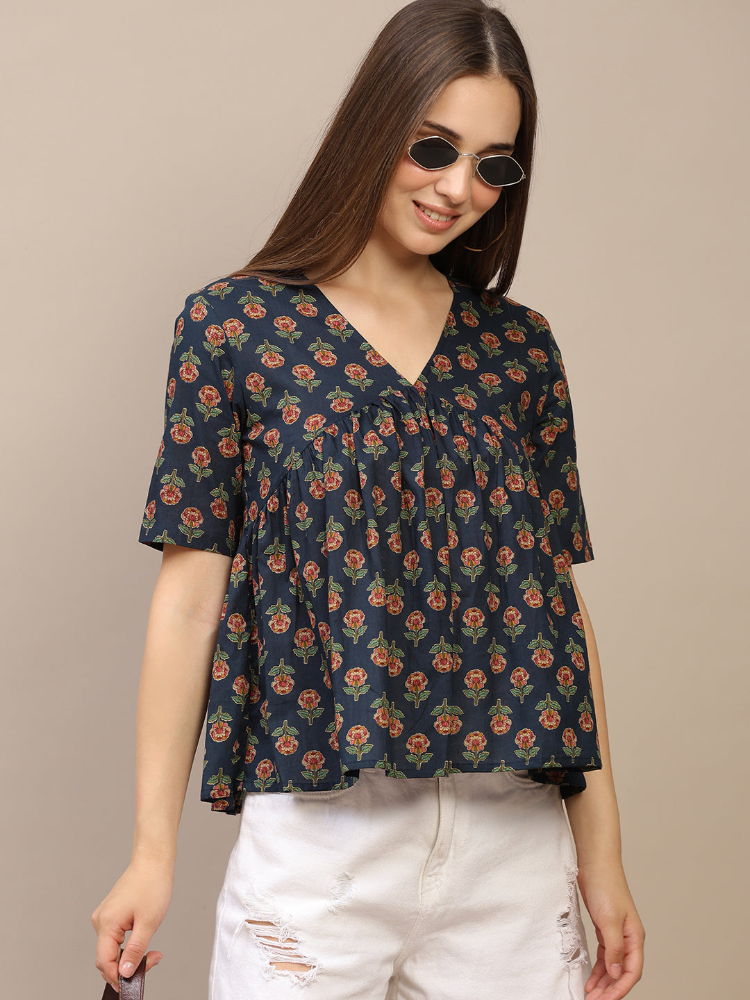 Navy Blue Printed Half-Sleeve Alia-Cut Cotton Top