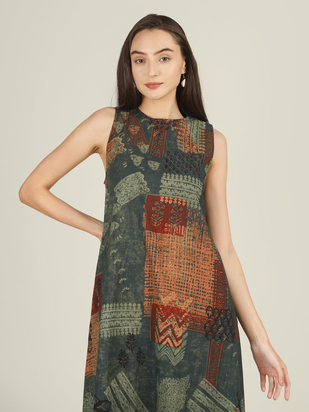Green Printed Sleeveless A-Line Cotton Dress