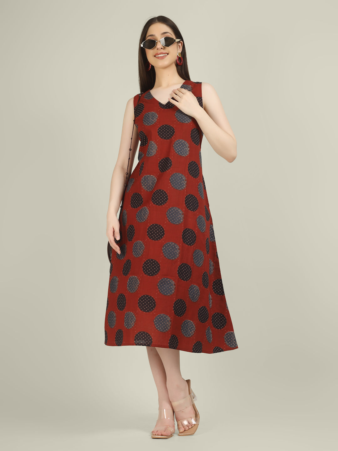 Maroon Printed V-Neck Sleeveless A-Line Cotton Dress