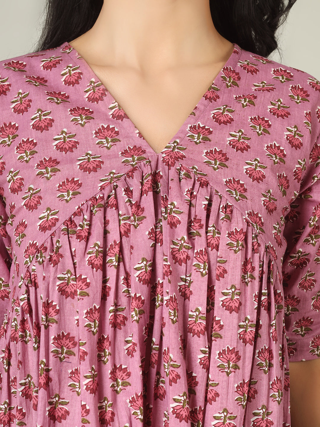 Pink Printed Half-Sleeve Alia-Cut Cotton Peplum Top