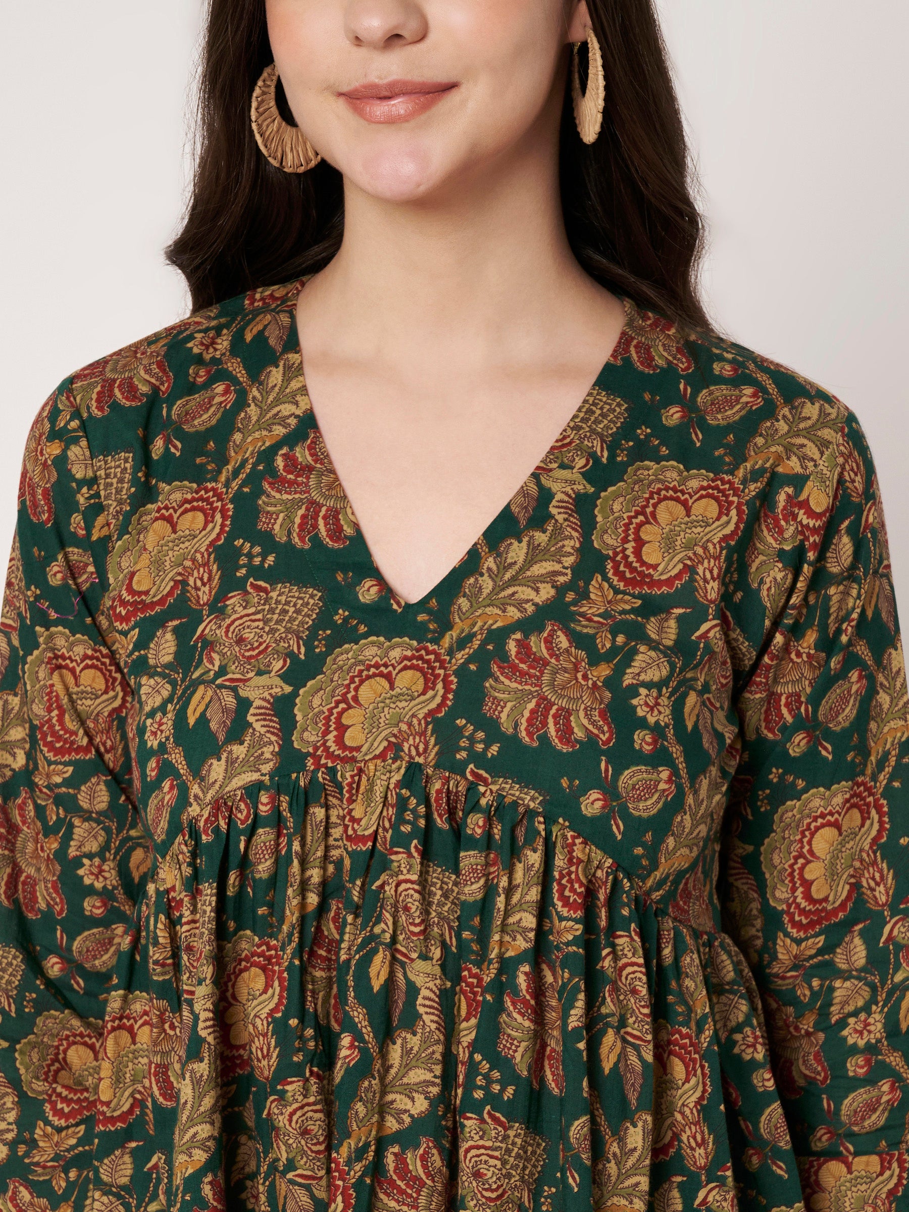 Dark Green Printed Alia-Cut Cotton Top