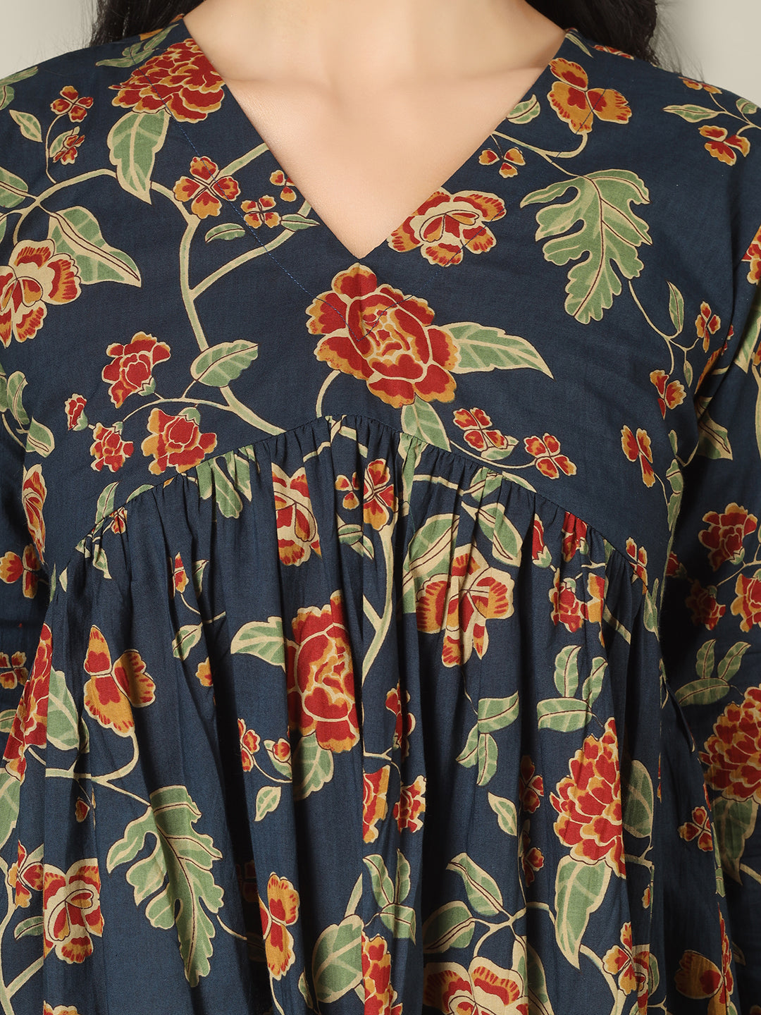 Navy Blue Printed Alia-Cut Cotton Peplum Top