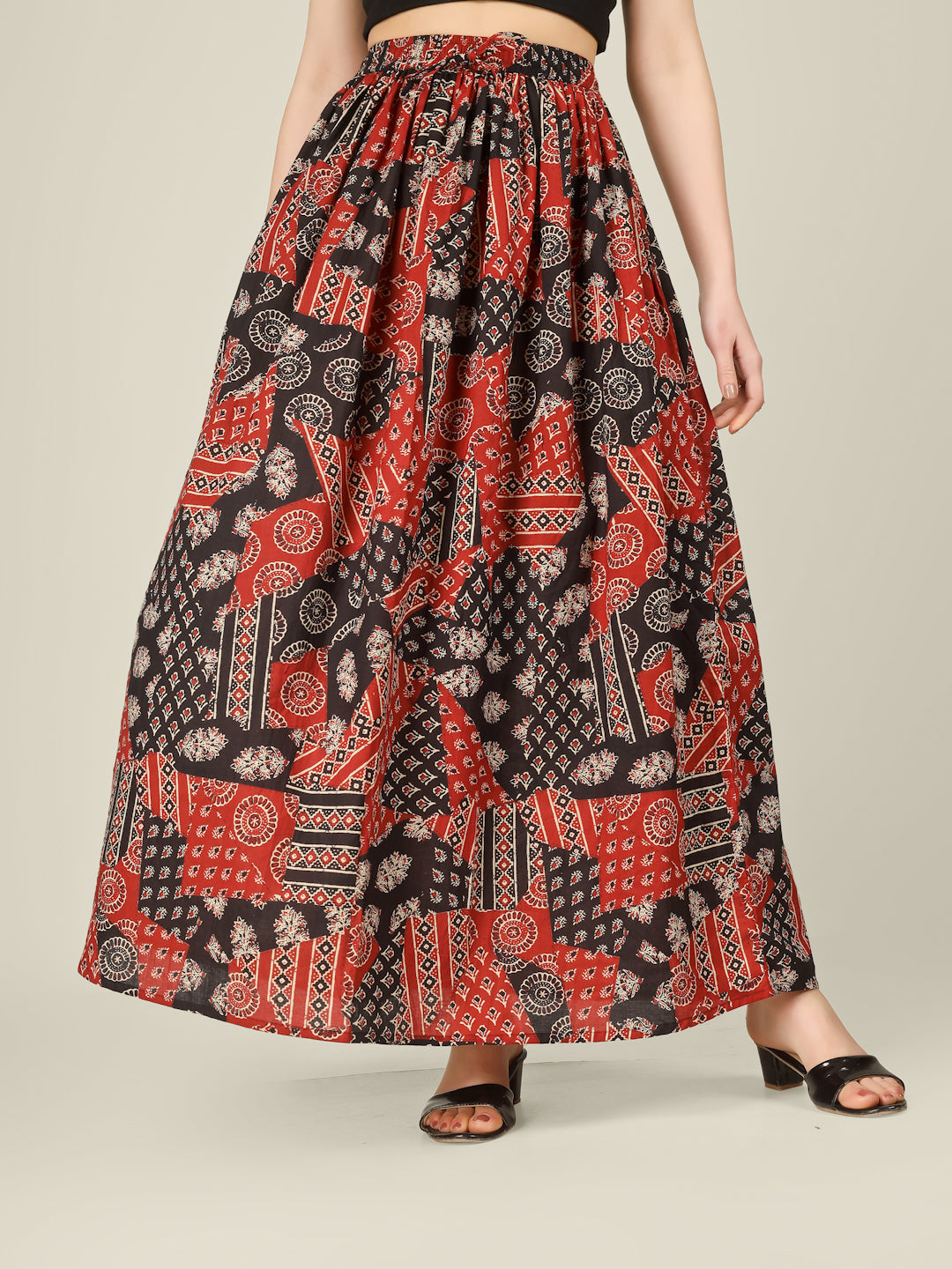 Red and Black Printed Cotton Maxi Skirt