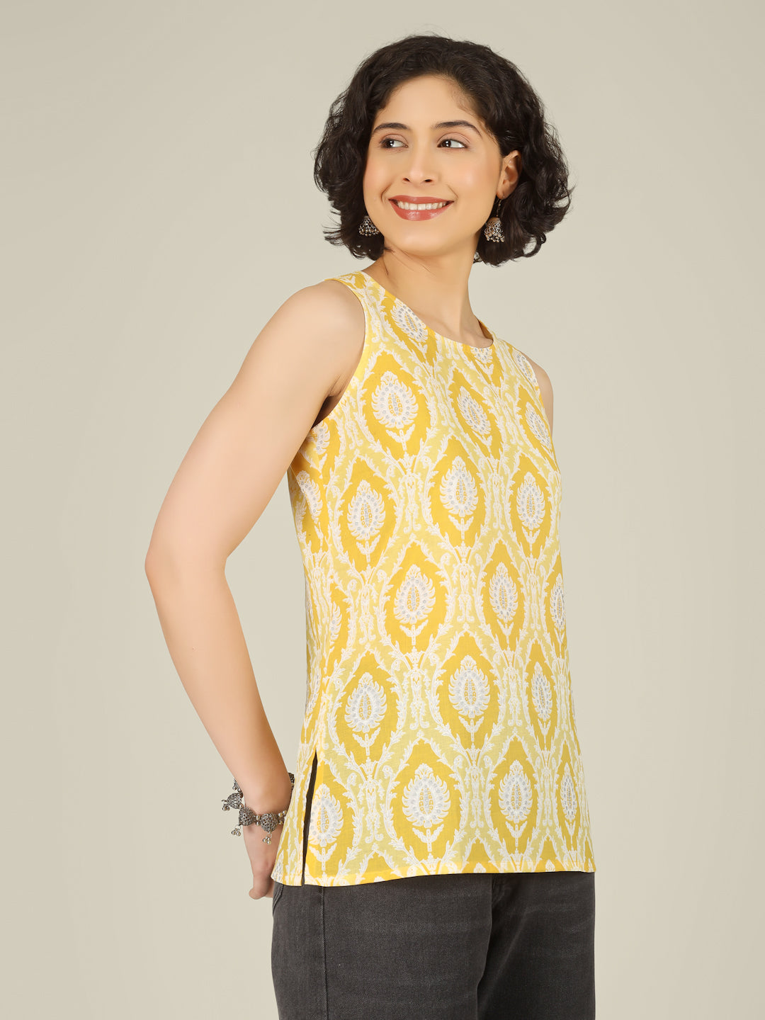 Yellow Printed Round Neck Sleeveless Cotton Top