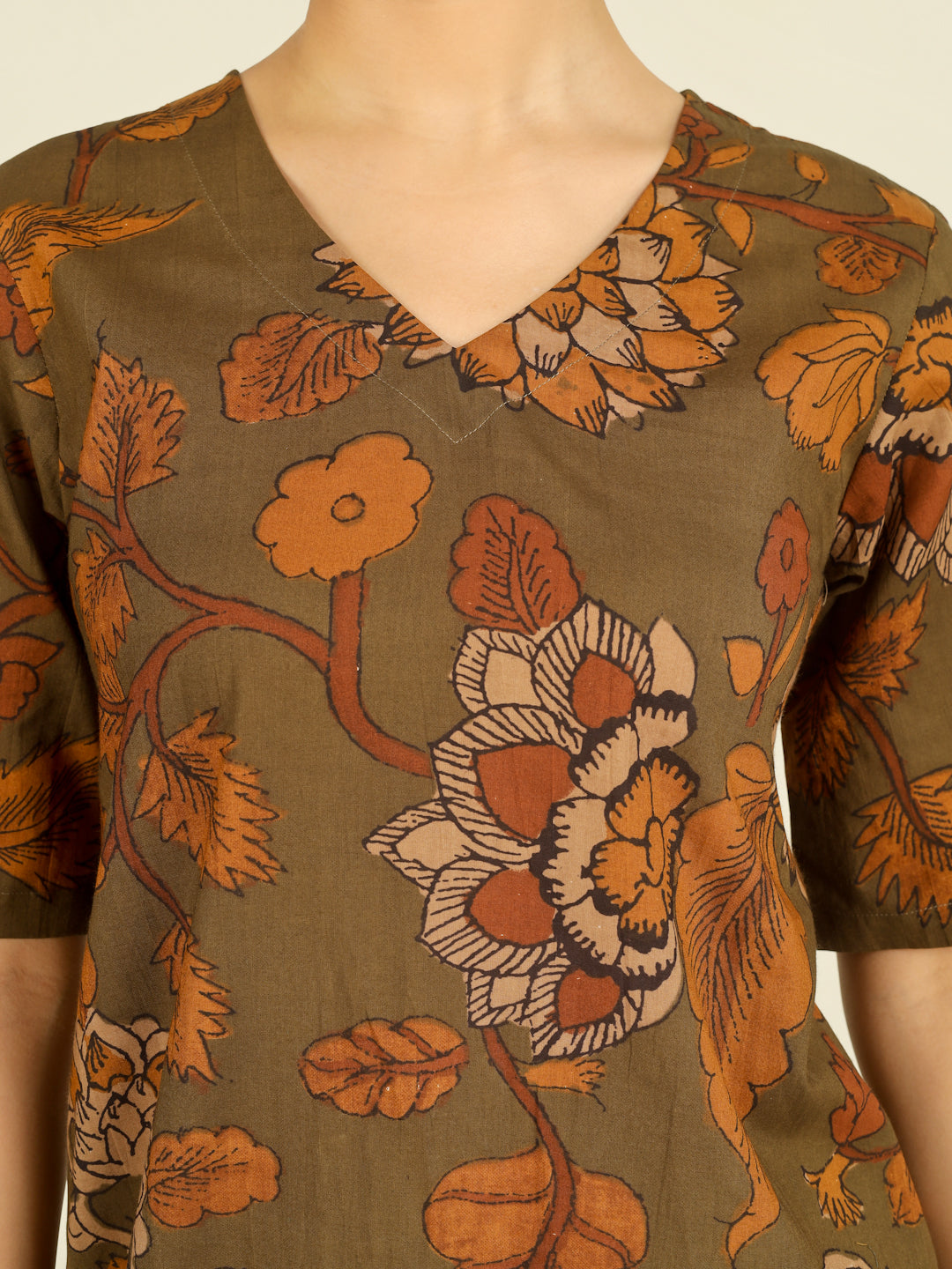 Olive Printed Half-Sleeve A-Line Cotton Dress
