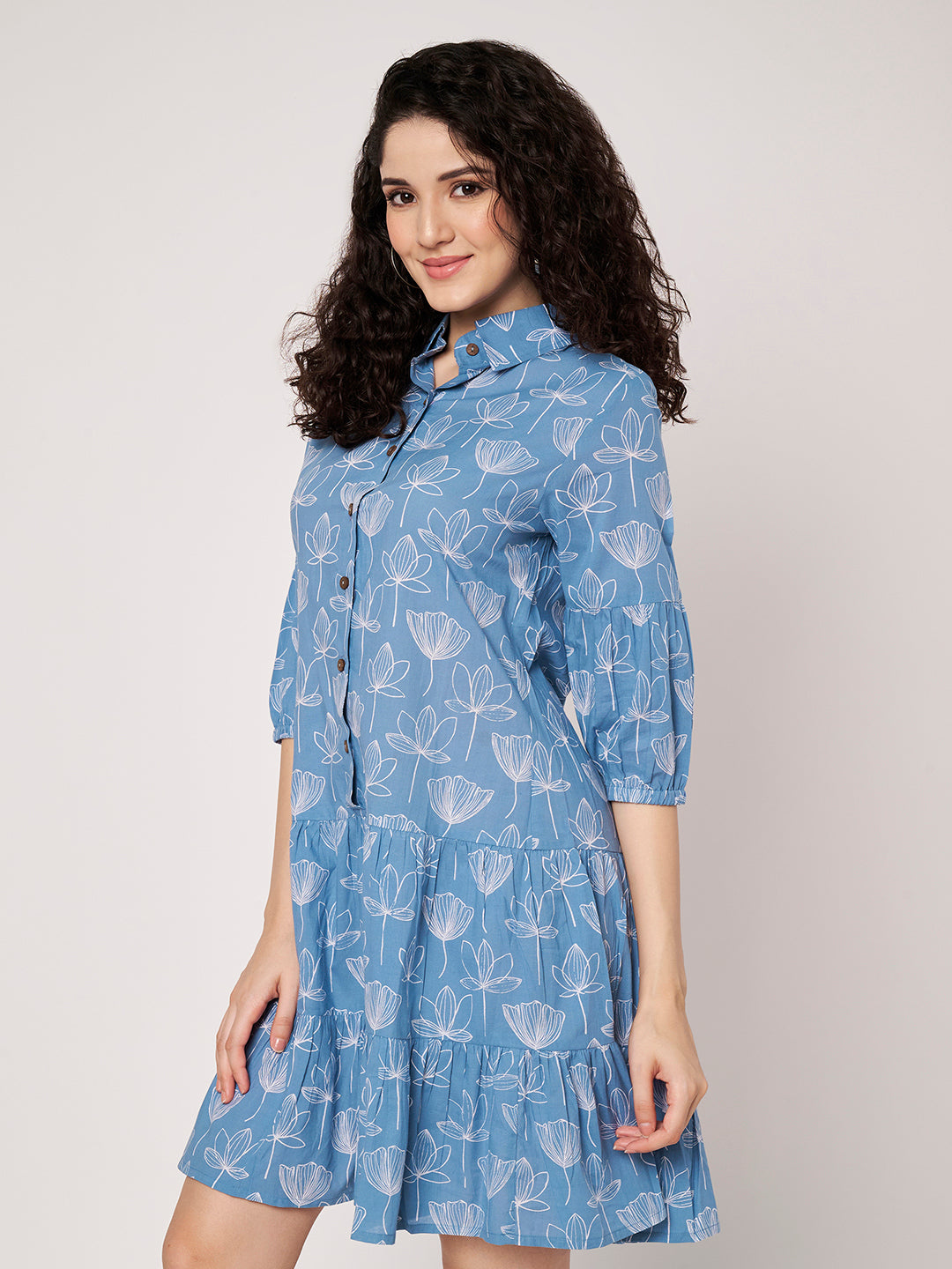 Sky Blue Printed Short Cotton Dress